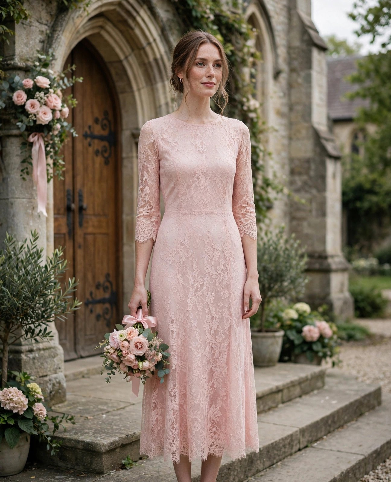 Woman in a blush lace midi dress at a church wedding ceremony