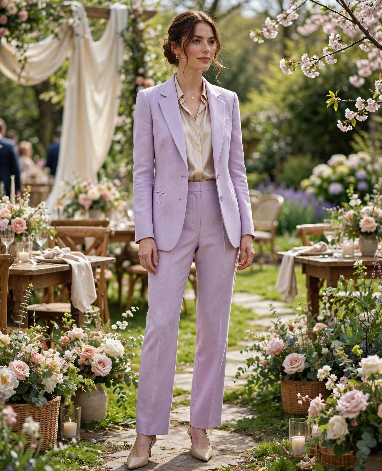 Woman in a pastel lilac tailored suit at a spring daytime wedding