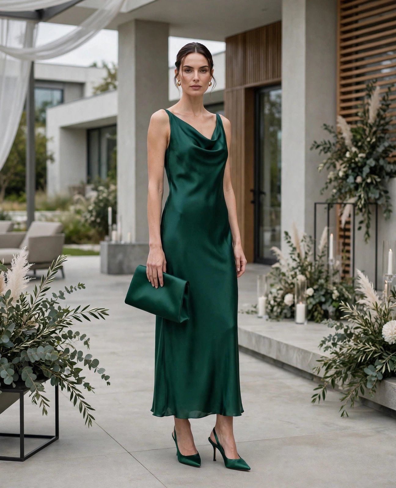 Woman in an elegant head-to-toe emerald monochrome outfit at a wedding