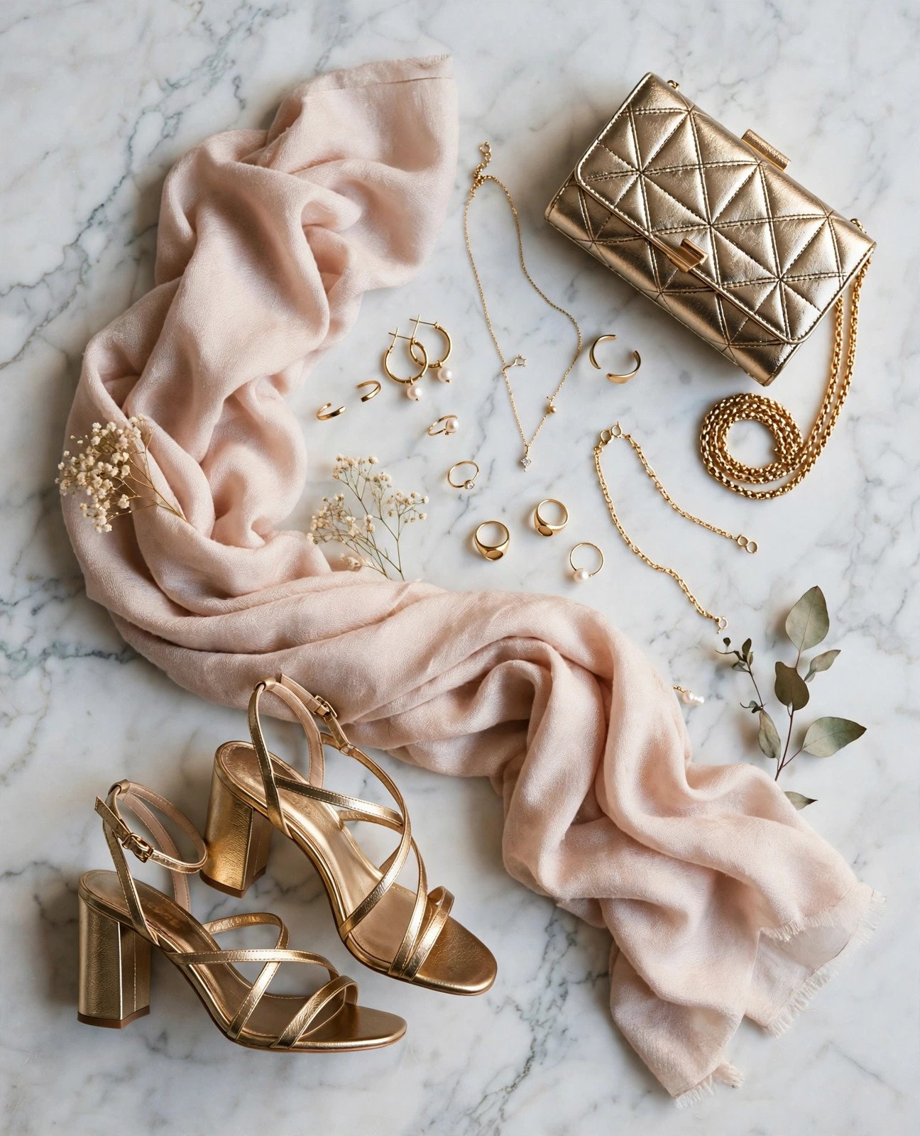 Flat lay of wedding guest accessories — heels, clutch, jewelry and wrap