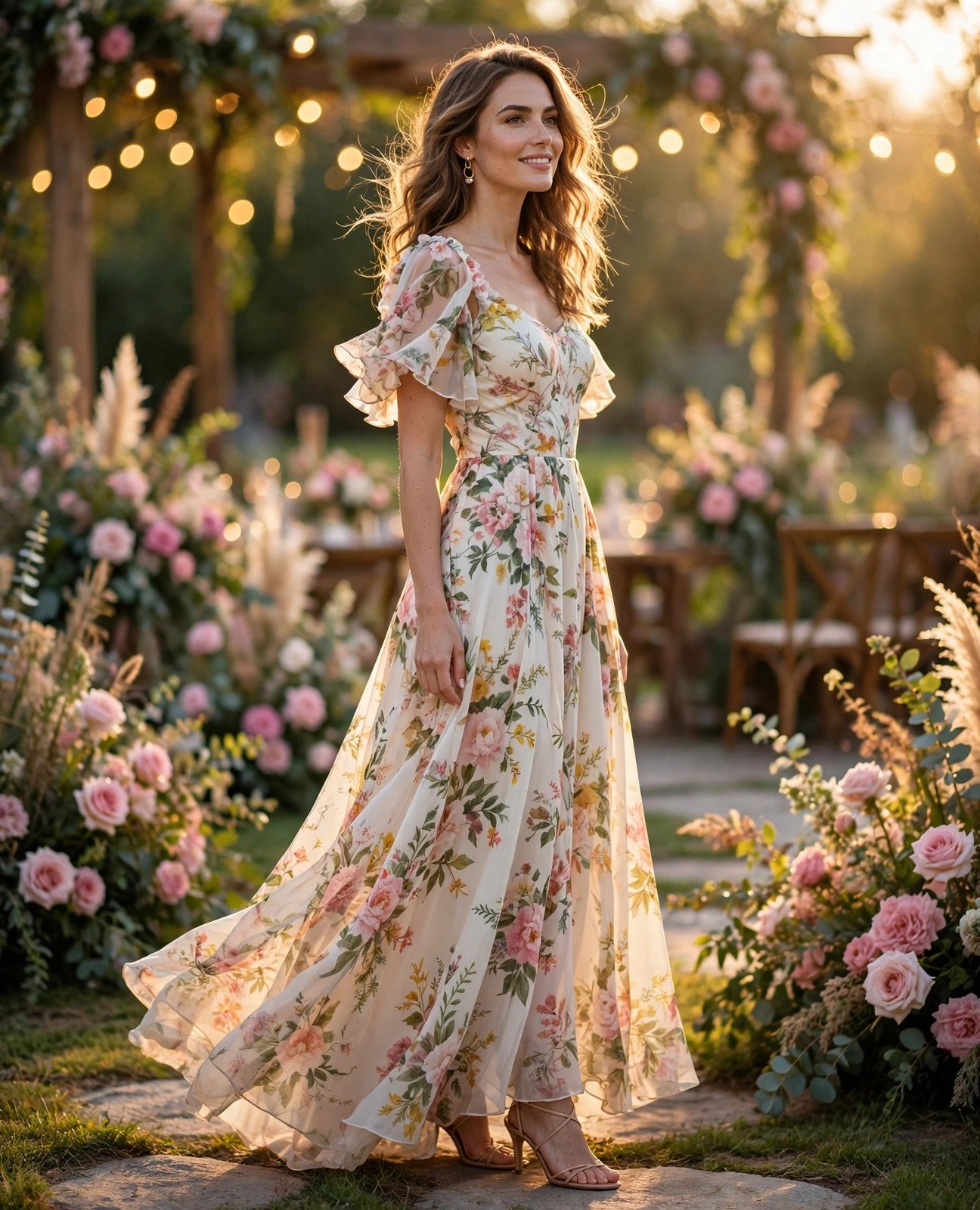 Stylish wedding guest in an elegant floral maxi dress at a sunlit outdoor wedding venue