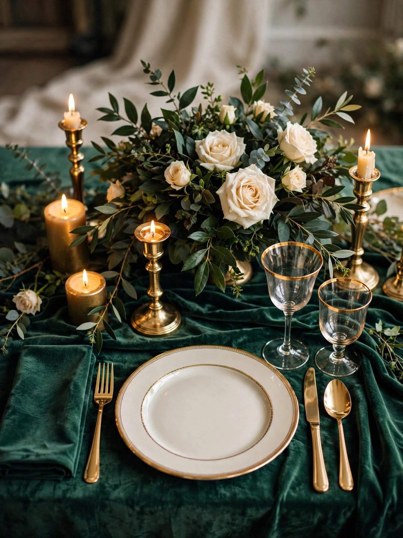 Emerald green and gold wedding table setting with lush florals and candles