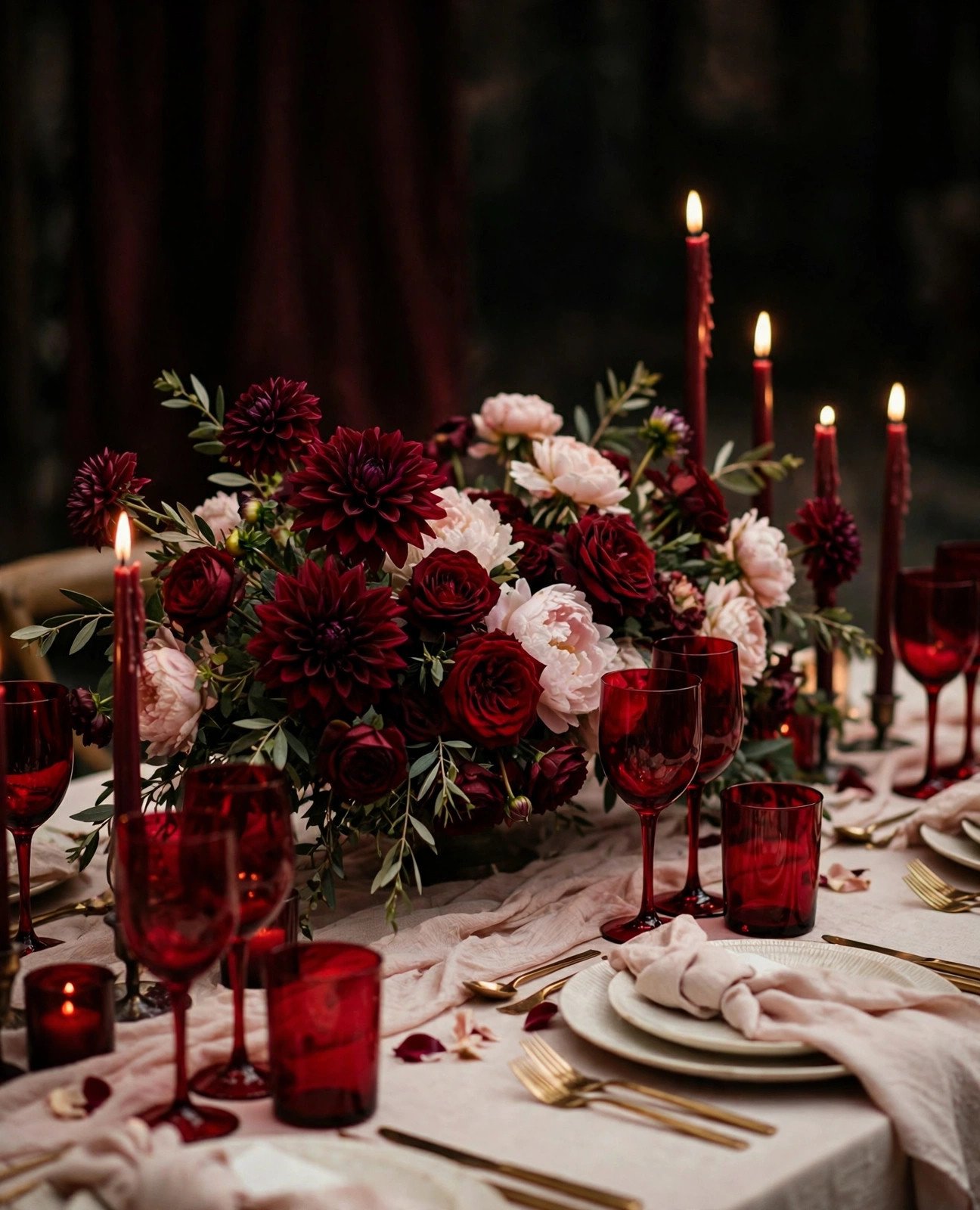 Ruby red and blush pink wedding flowers and table décor