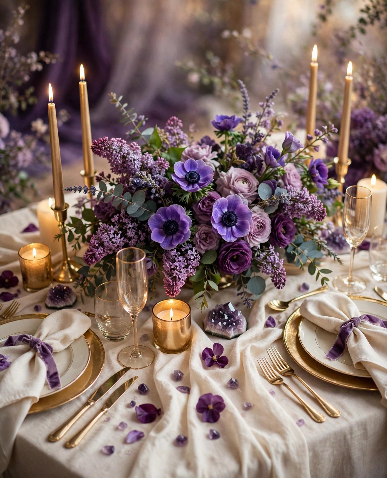 Amethyst purple and champagne wedding table with lavender florals and gold candles