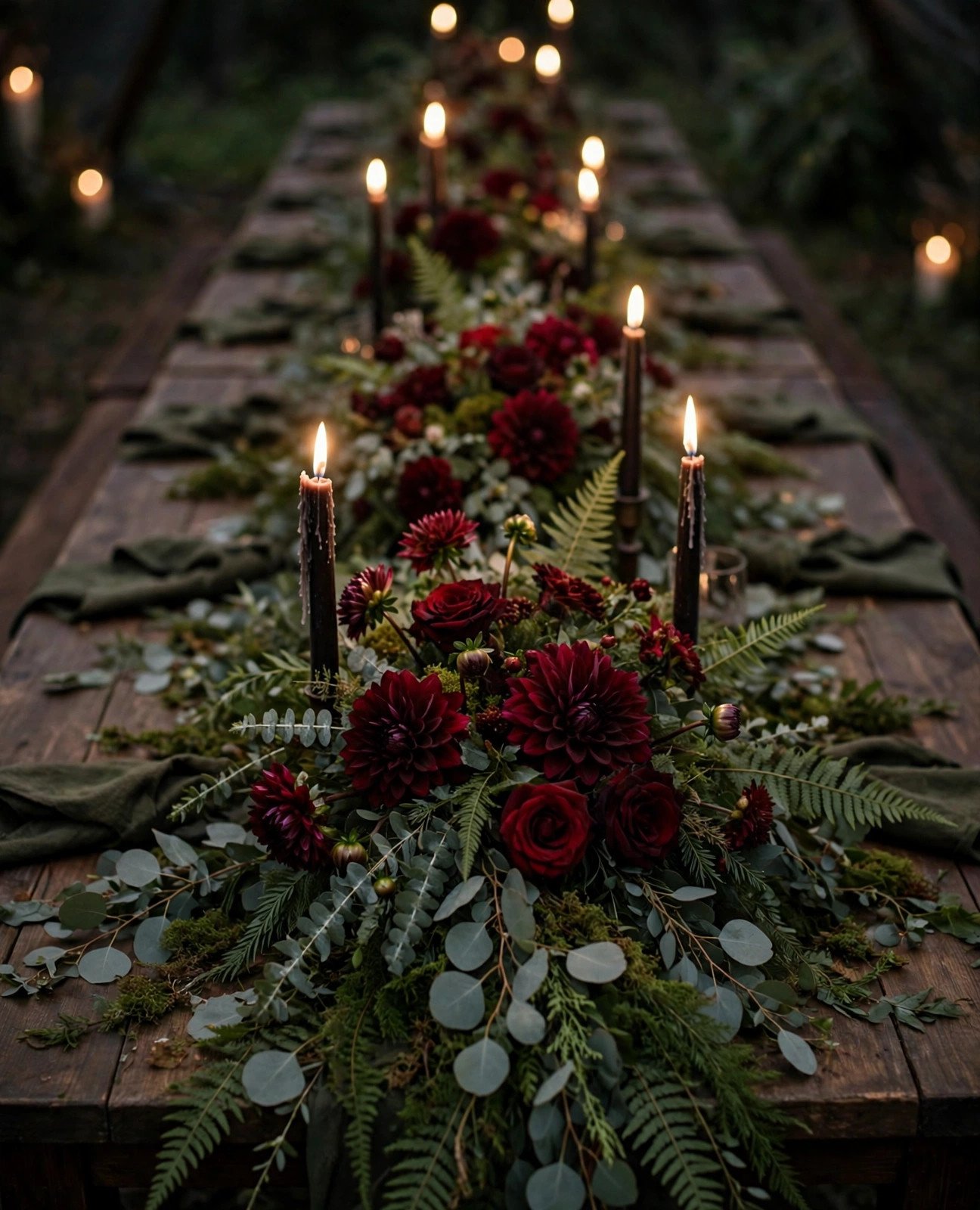Garnet red and lush greenery wedding table with dark red florals and eucalyptus