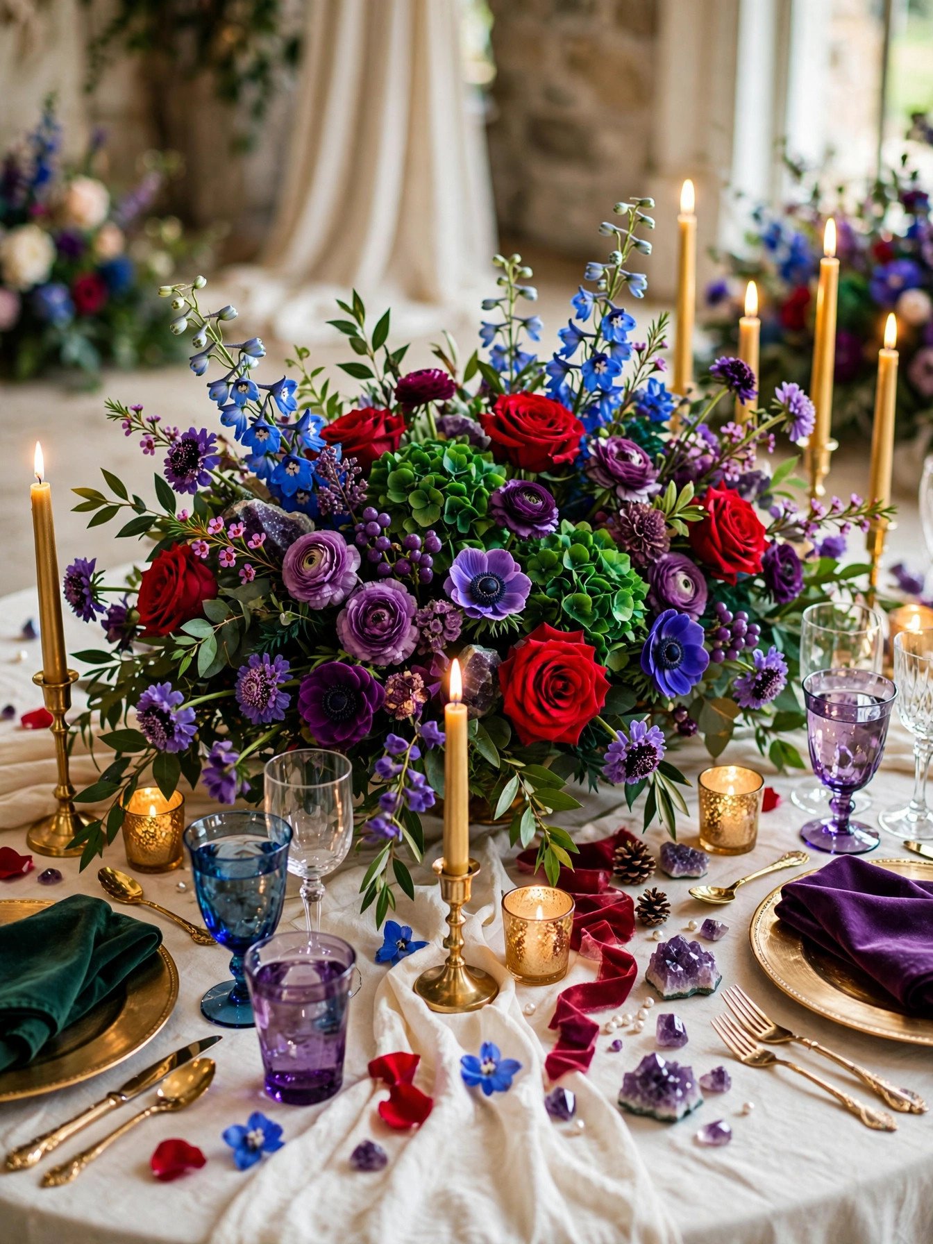 Mixed jewel tone wedding tablescape with emerald sapphire ruby and gold details