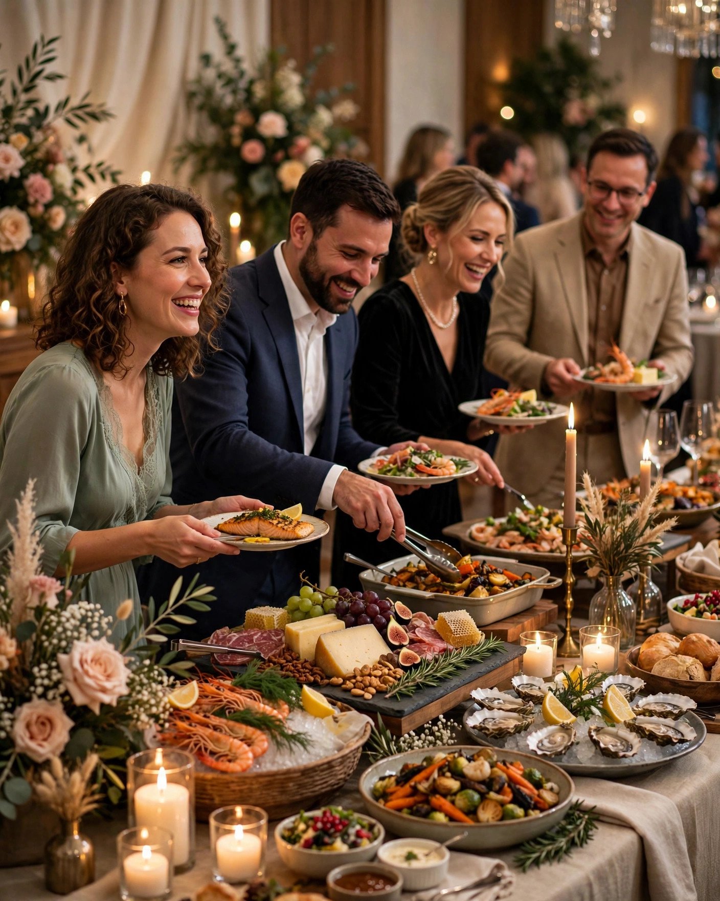 Guests enjoying a lavish wedding buffet with beautiful dishes at an elegant reception