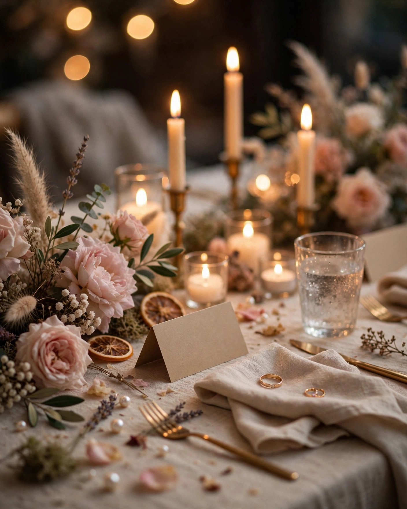 Handwritten place cards and personal wedding details on a beautifully styled reception table