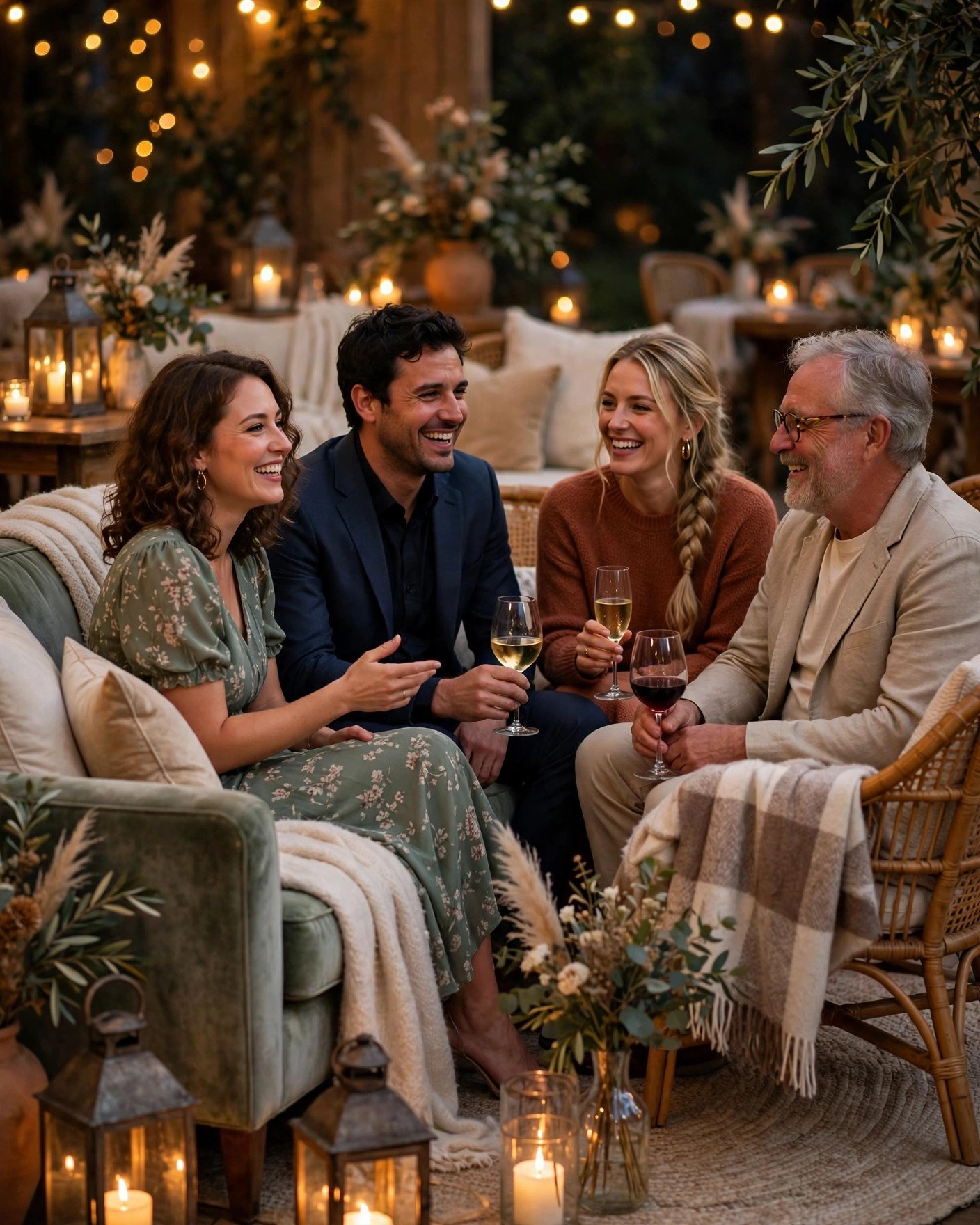 Cozy wedding lounge area with blankets and comfortable seating for guests at an evening reception