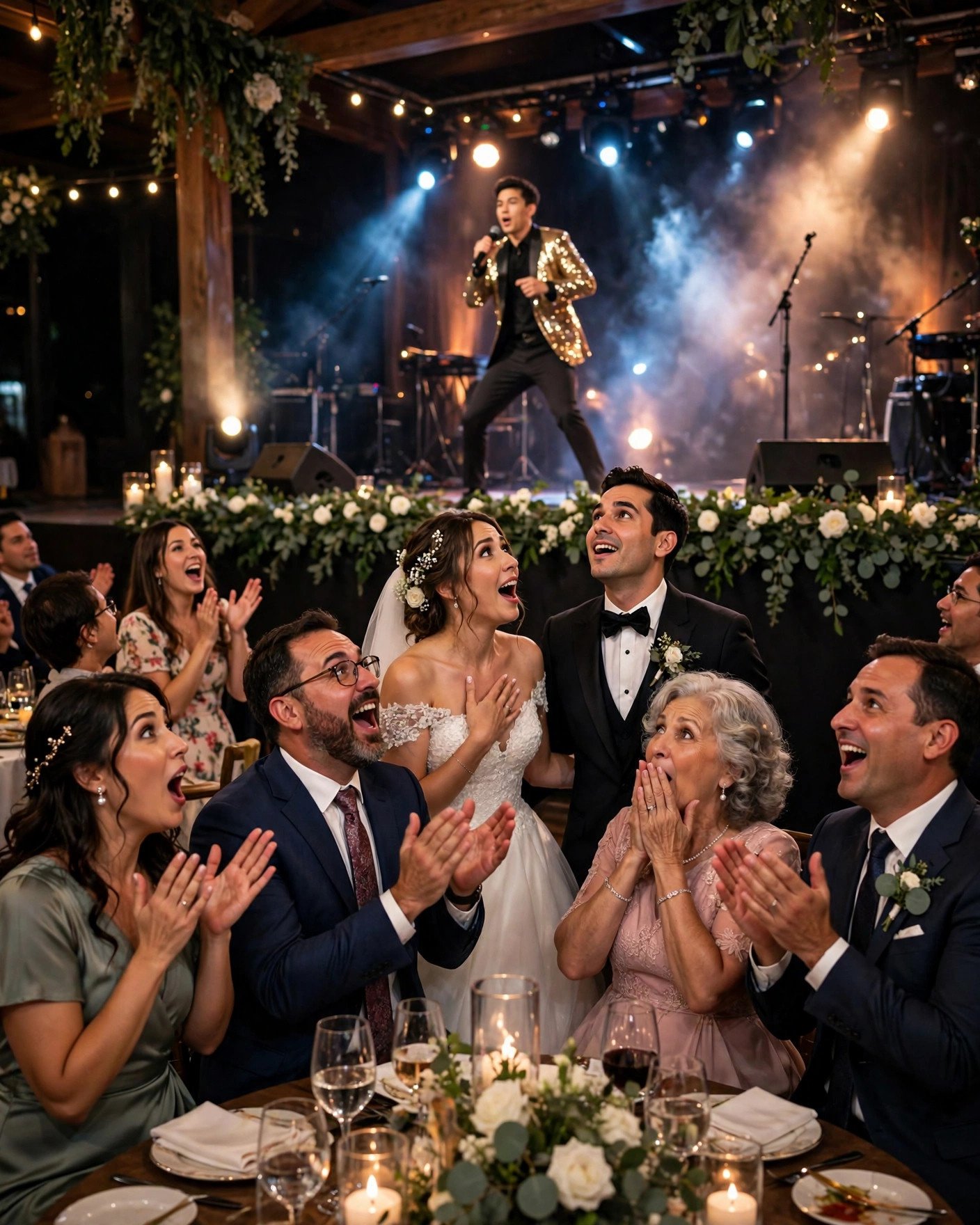 Surprise live performance delighting wedding guests at a lively reception