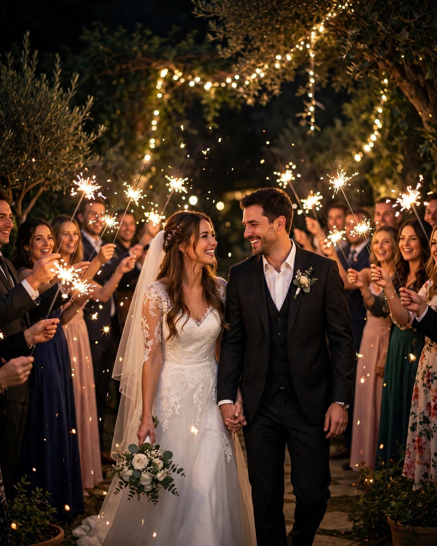 Newlywed couple walking through a tunnel of guests holding sparklers at a magical wedding send-off