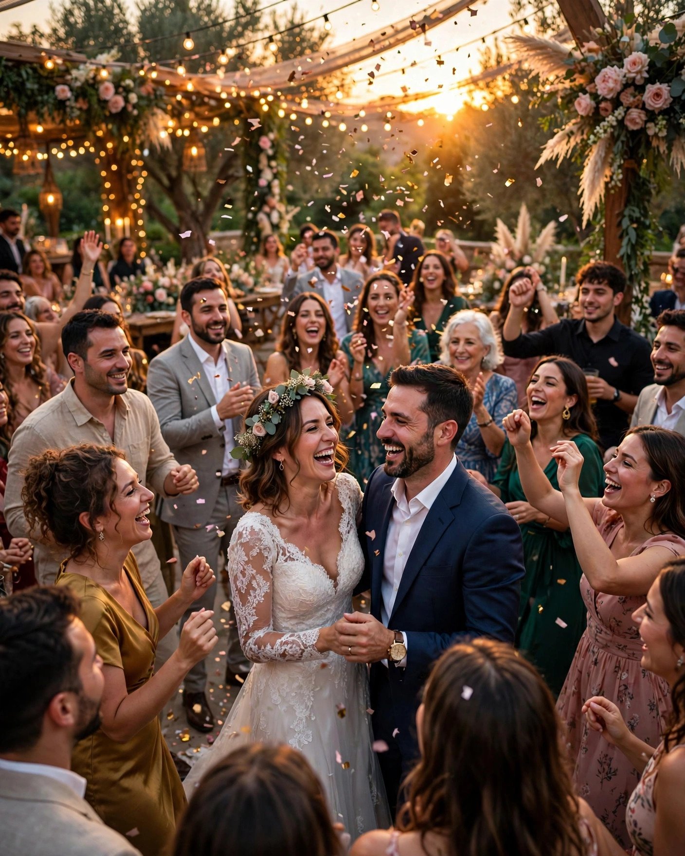 Joyful wedding guests cheering and celebrating on a packed dance floor at a beautiful reception