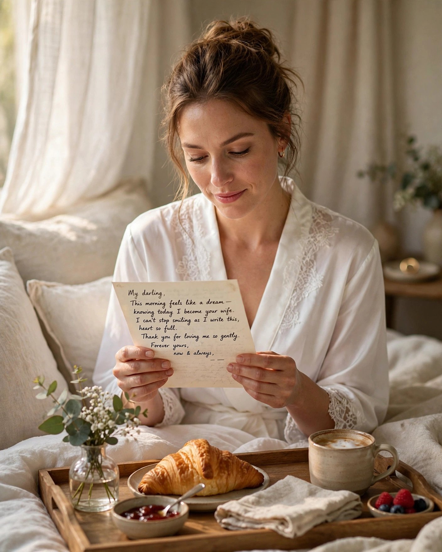 Bride in a white robe reading a handwritten love letter over breakfast in bed on her wedding morning