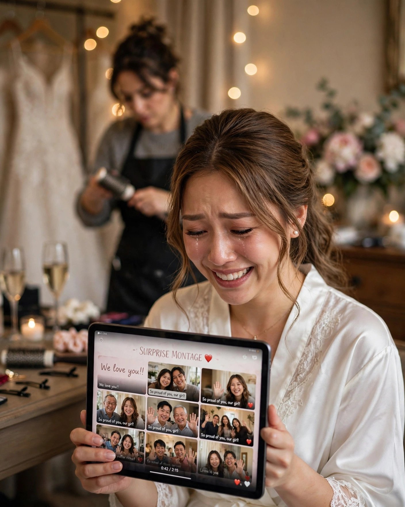 Bride tearing up while watching a surprise video montage of messages from loved ones on a tablet in the bridal suite