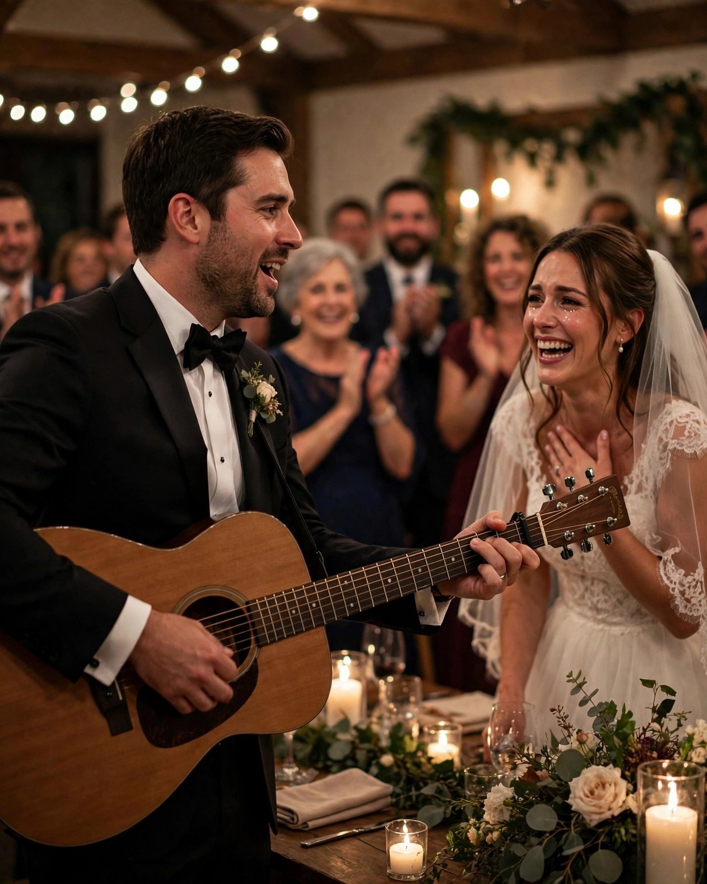 Groom in a tuxedo playing guitar and singing a surprise serenade to the surprised bride at their wedding