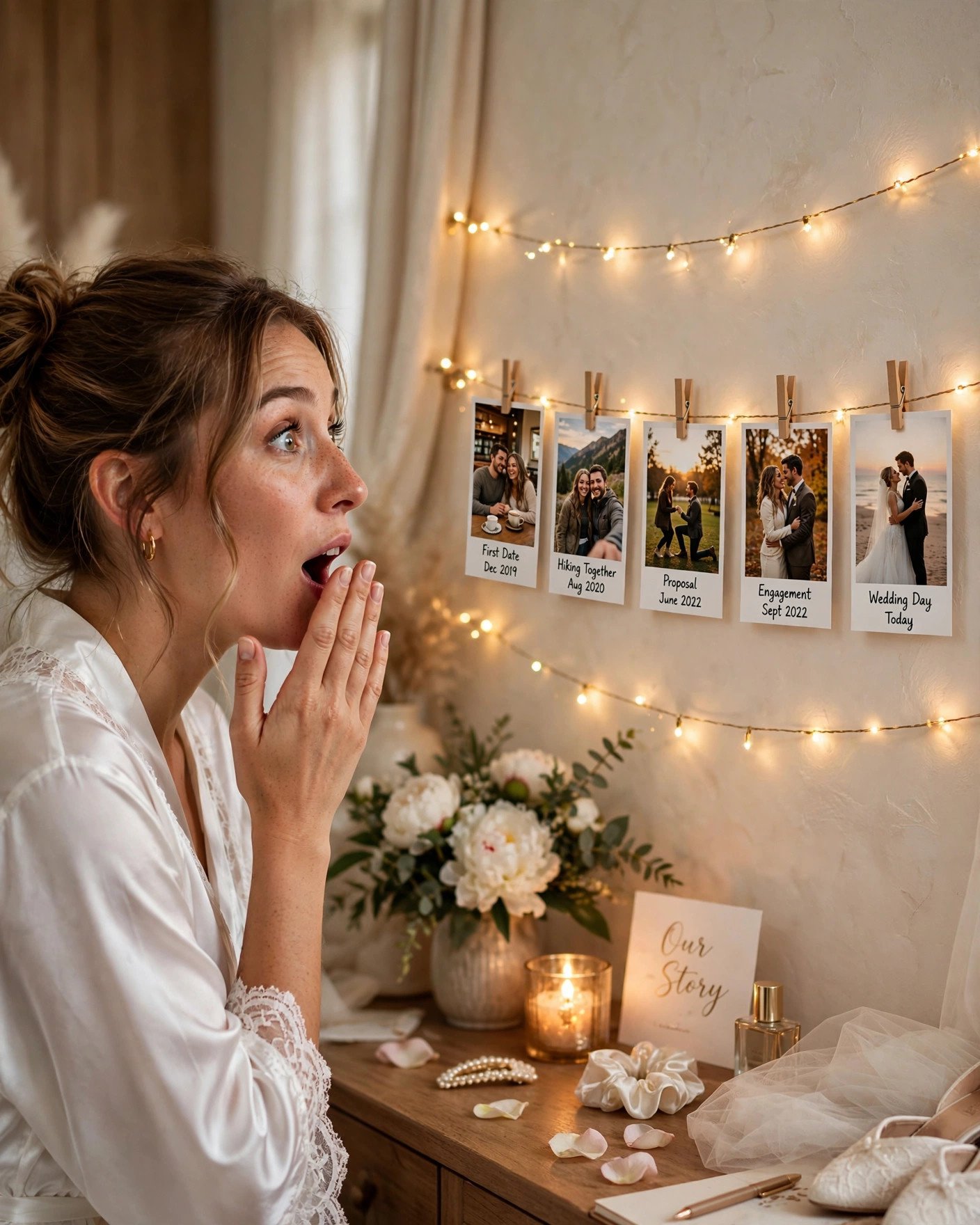 Photo timeline display of a couple's journey with string lights and framed photos set up as a surprise in the bridal suite