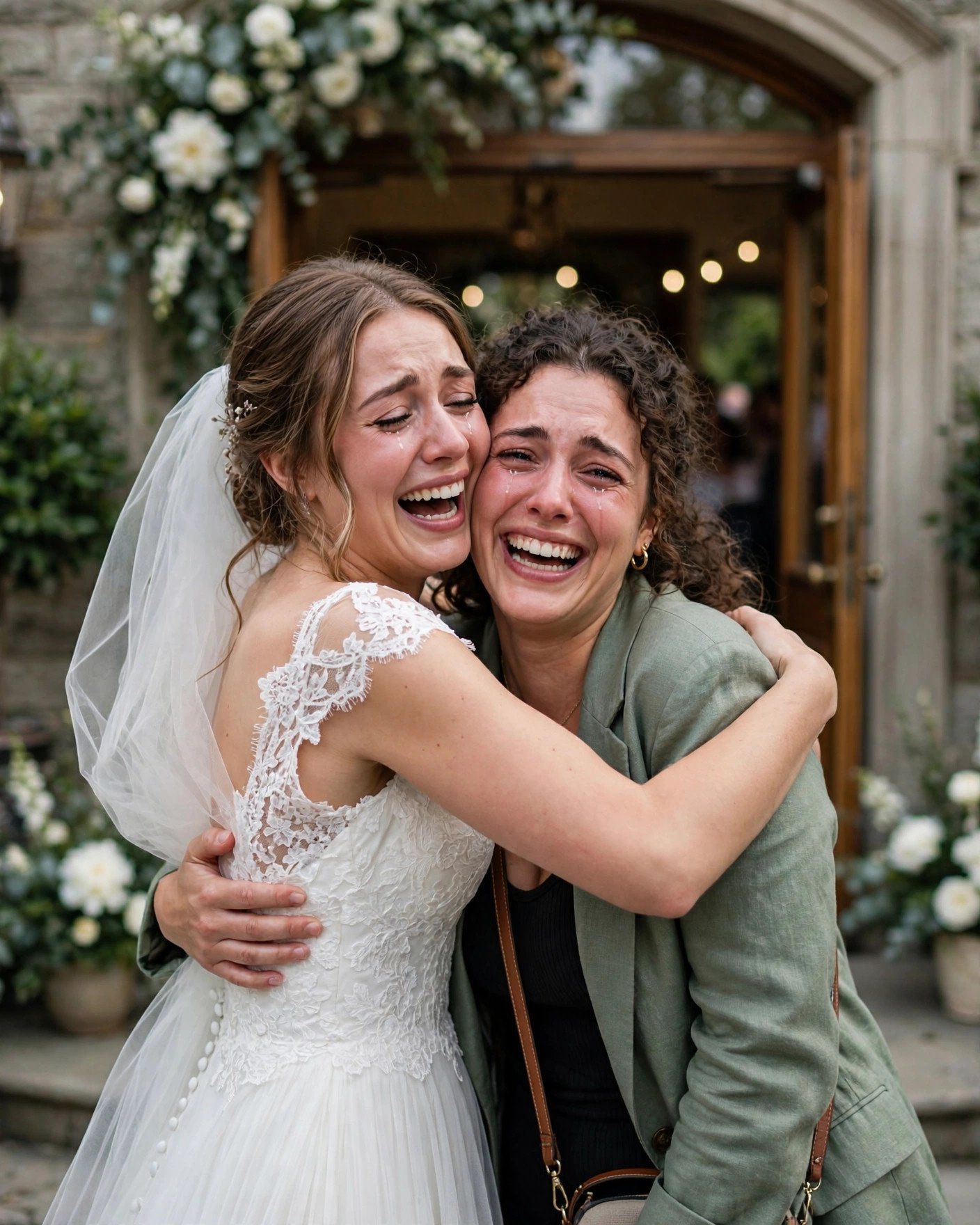Surprised bride hugging her best friend who secretly flew in as a surprise guest at the wedding