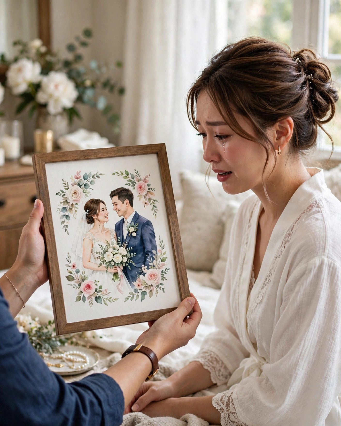 Hands presenting a framed custom watercolor portrait of the bride and groom as a surprise gift at the wedding