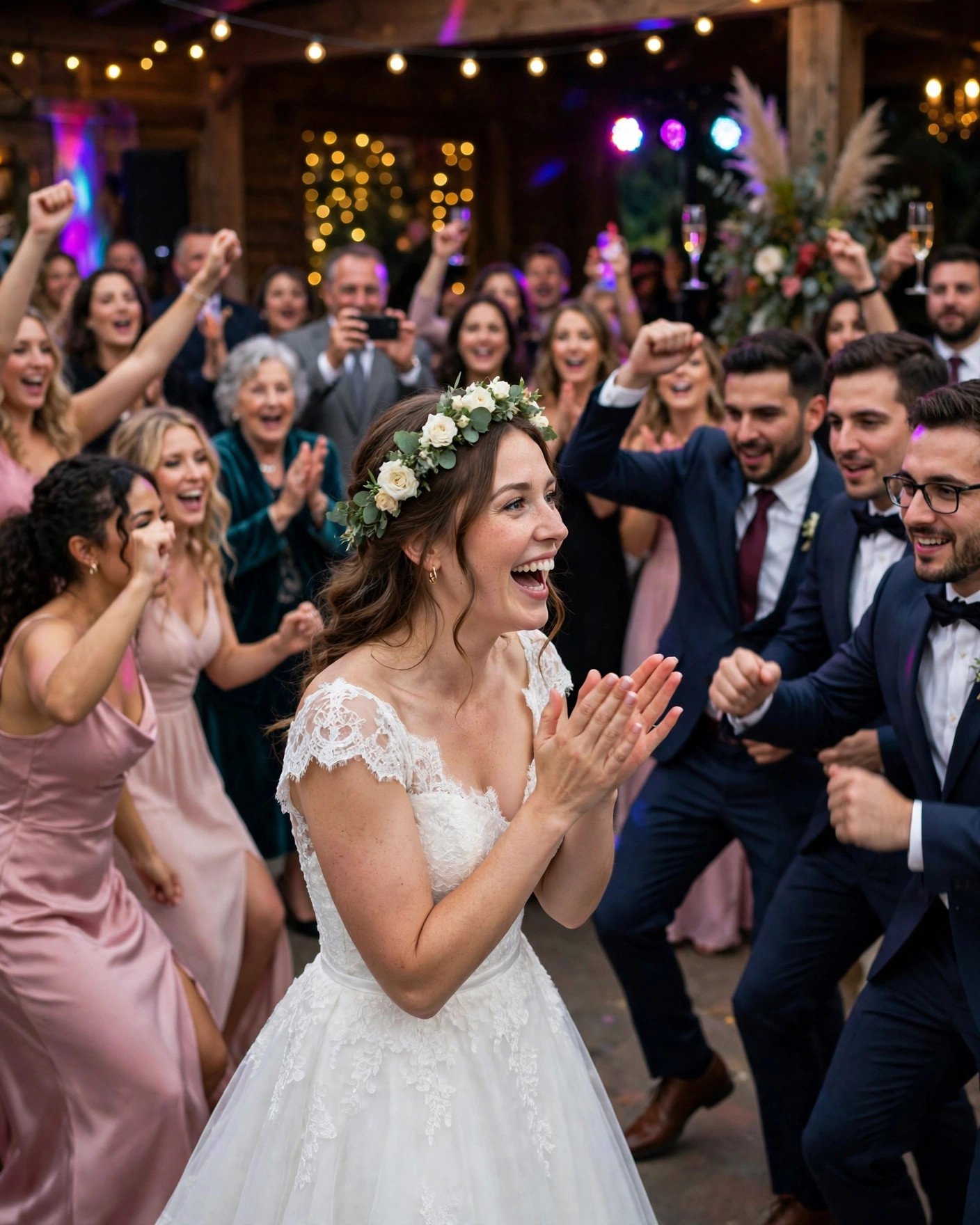 Bridal party performing a surprise choreographed flash mob dance on the wedding dance floor