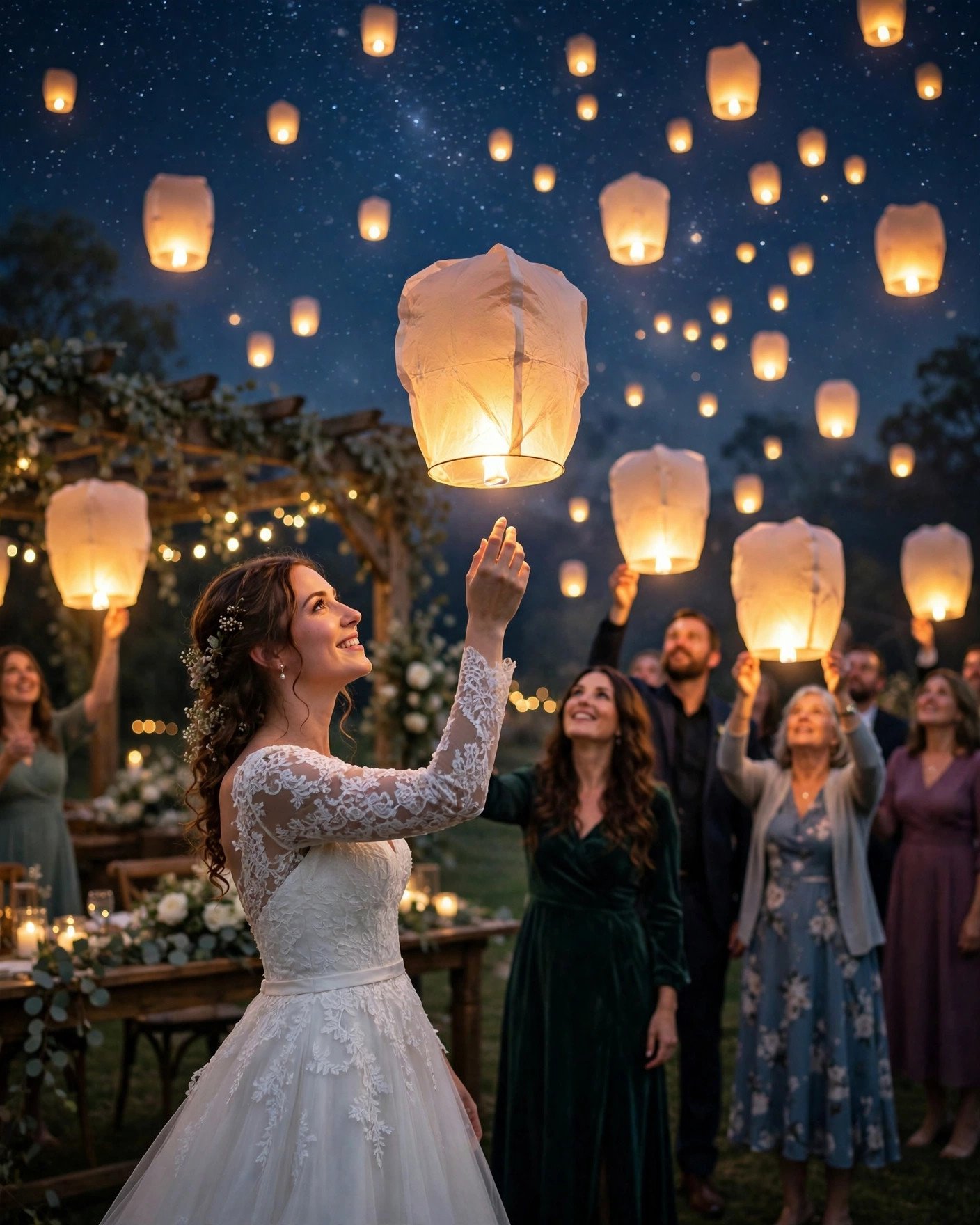 Bride and wedding guests releasing biodegradable wish lanterns into a starry night sky