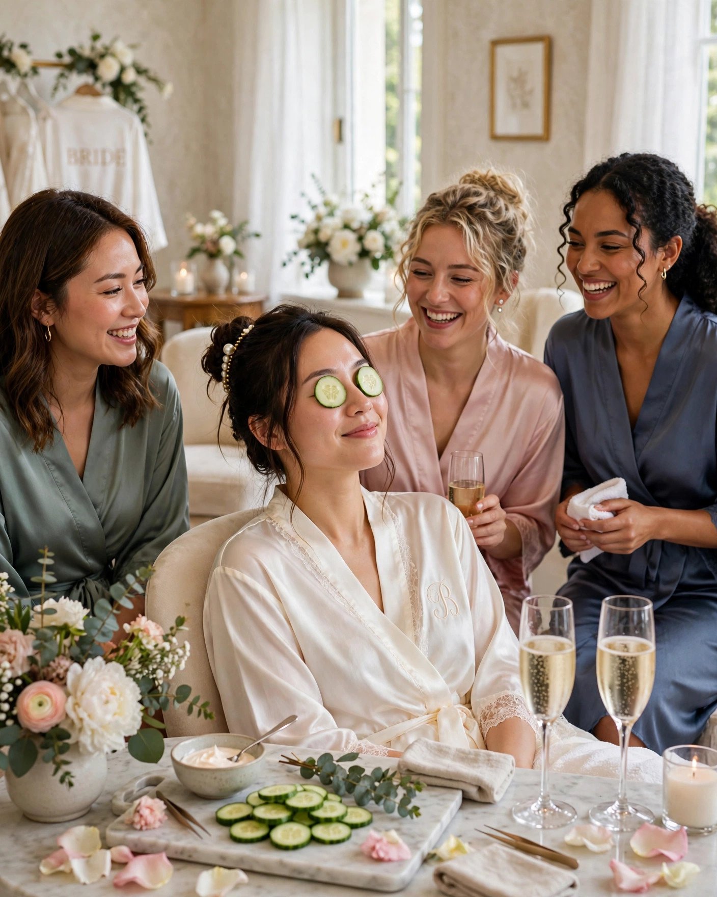 Relaxed bride enjoying a surprise champagne breakfast in bed with her bridesmaids on the wedding morning