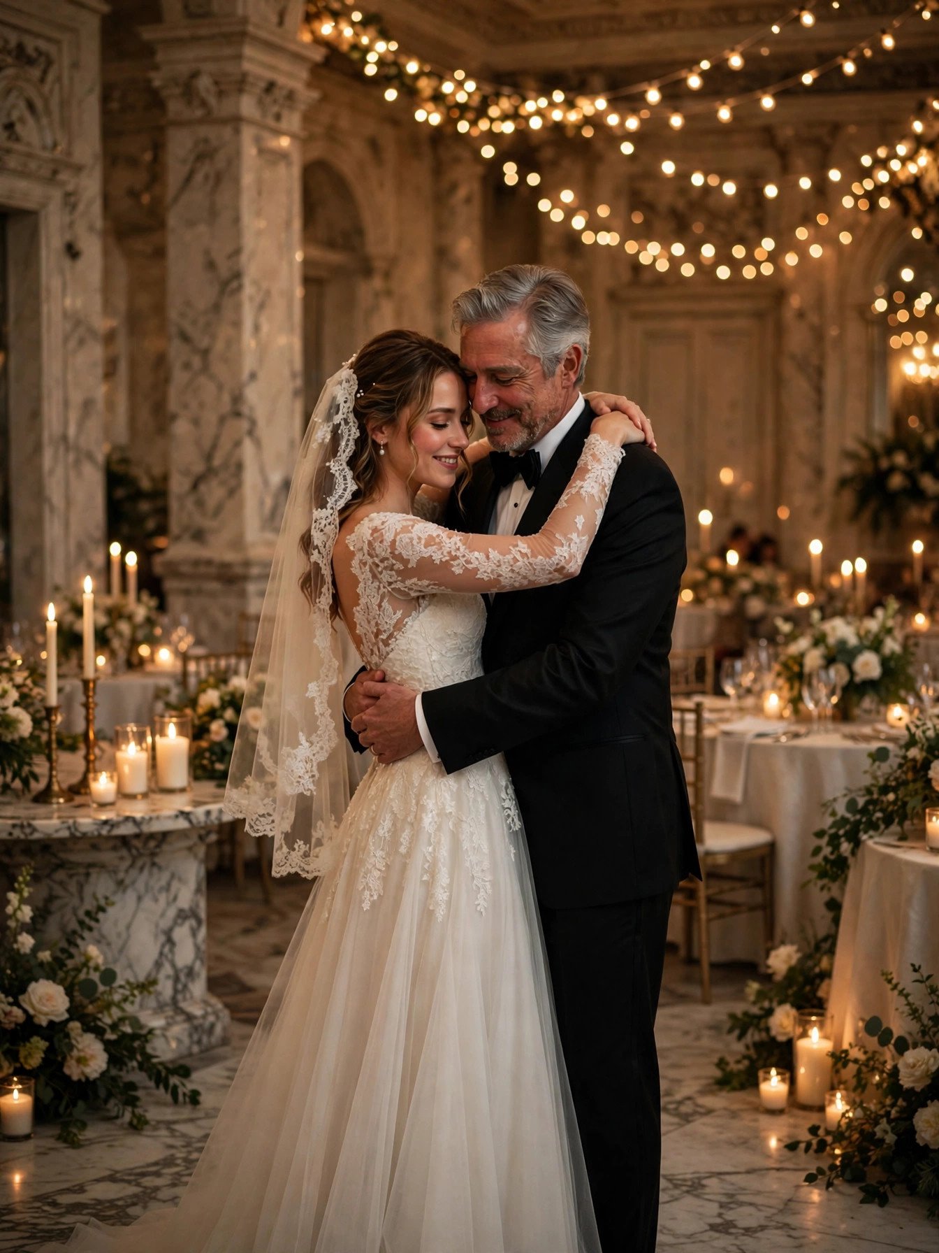 Father and daughter slow dancing at an elegant wedding reception with warm string lights