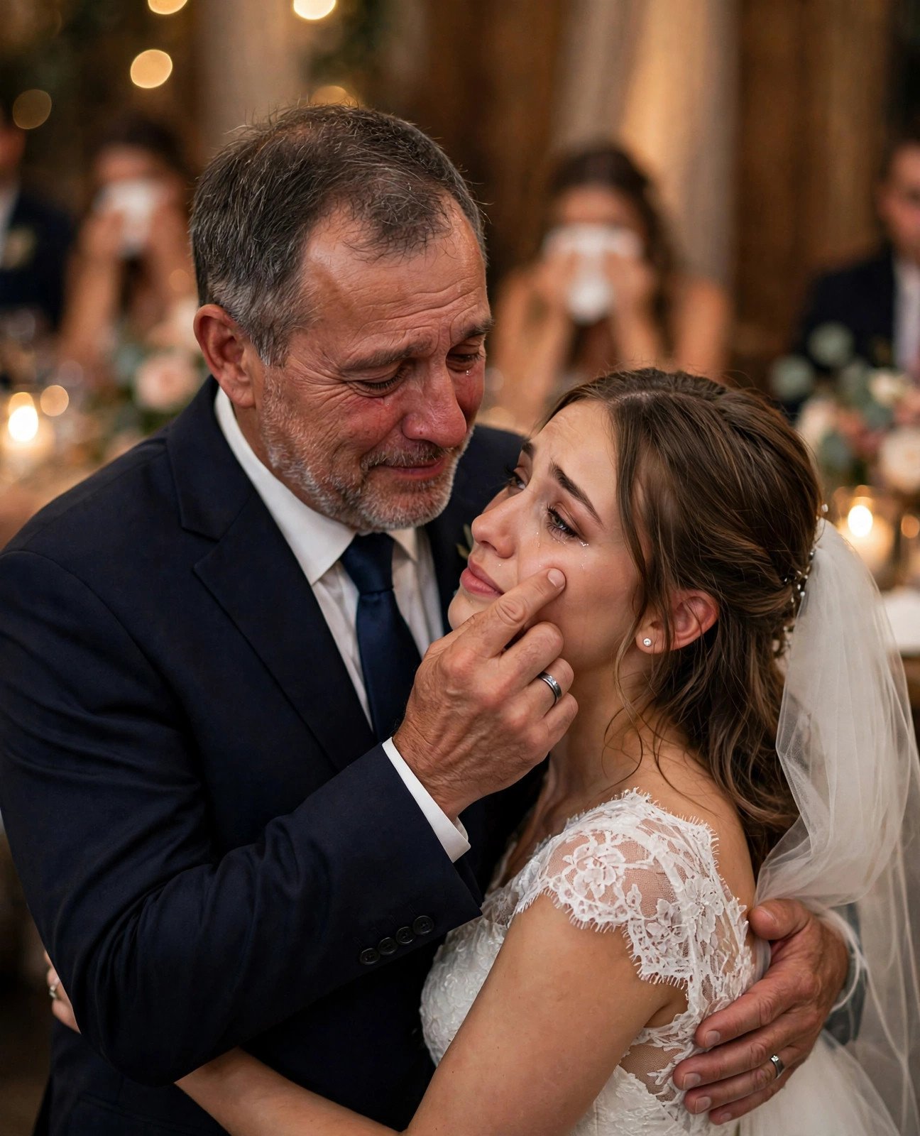 Emotional father wiping a tear while dancing with his daughter at her wedding