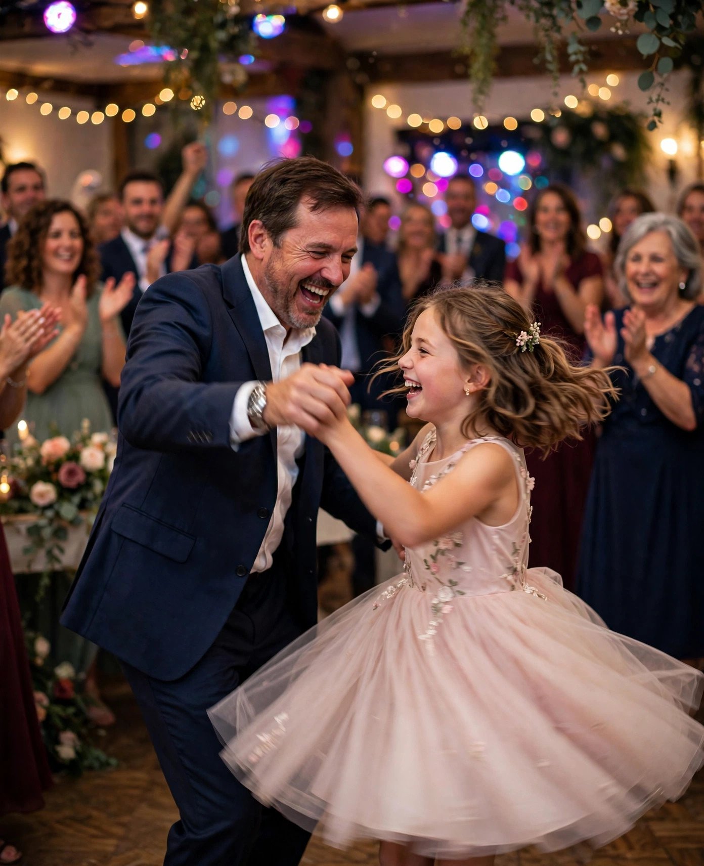 Father and daughter laughing and dancing energetically on a wedding dance floor