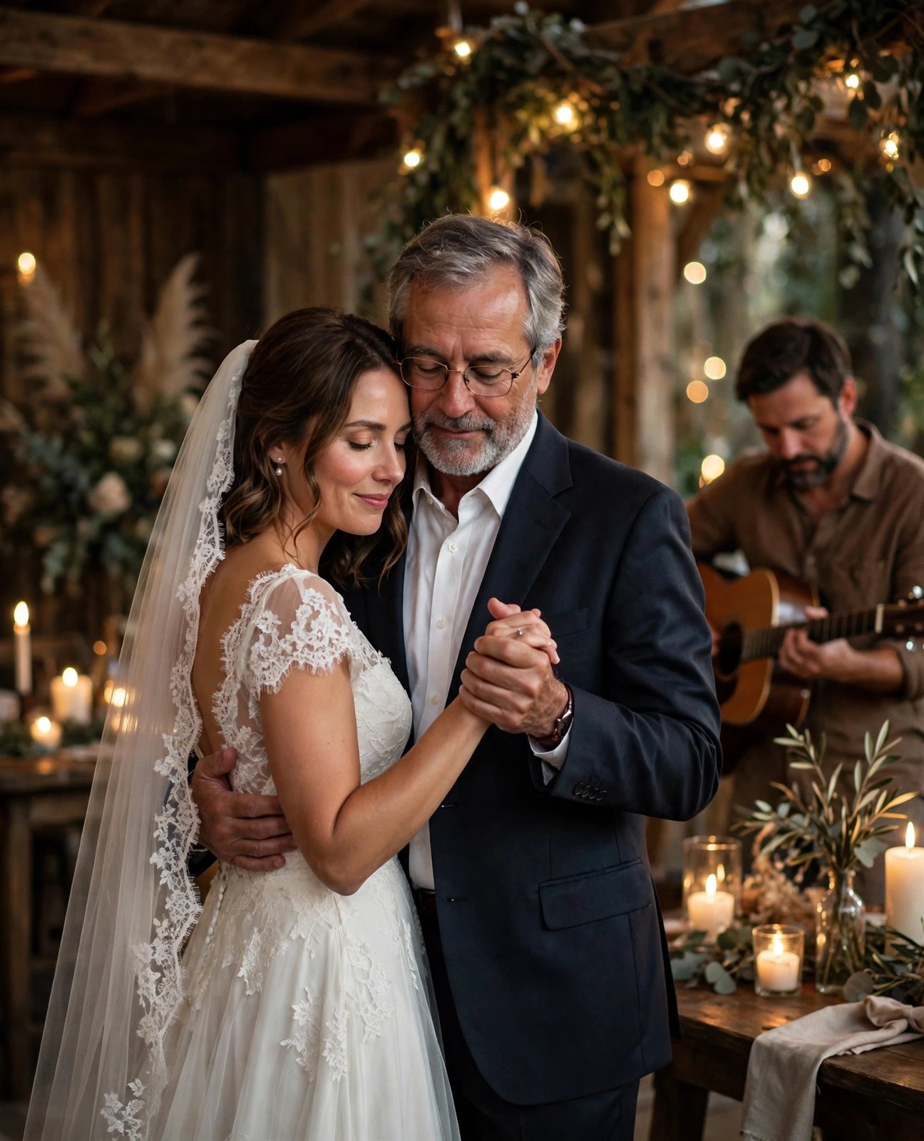 Father and daughter slow dancing while an acoustic guitarist plays at a candlelit wedding