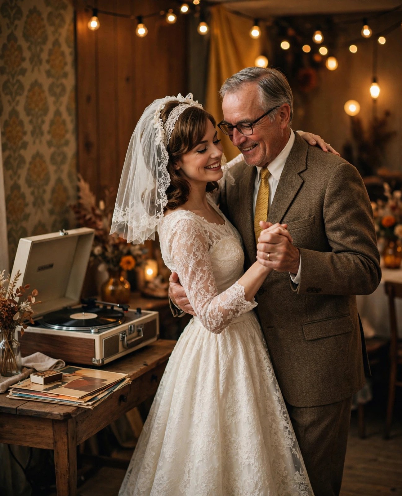 Father and daughter dancing to oldies music with a vintage vinyl record player nearby at a wedding