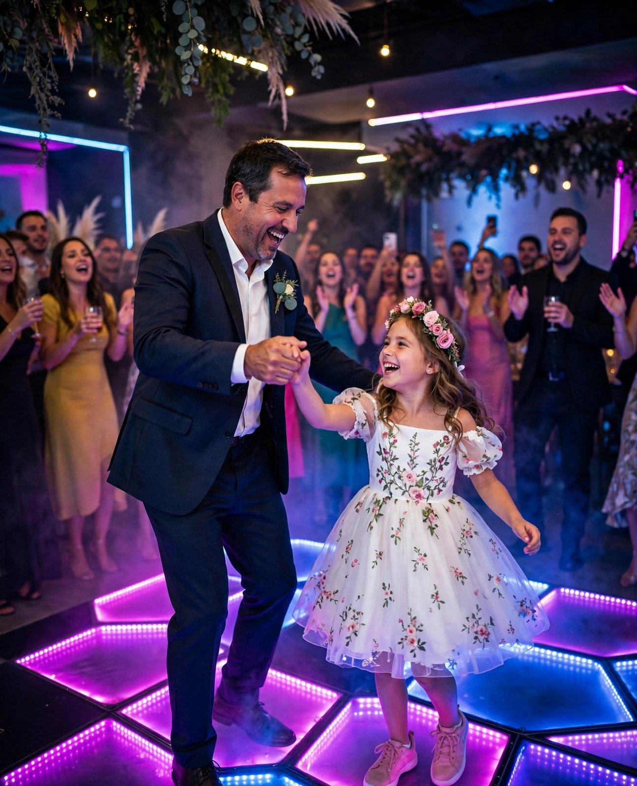 Father and daughter dancing joyfully under colorful lights at a modern wedding reception