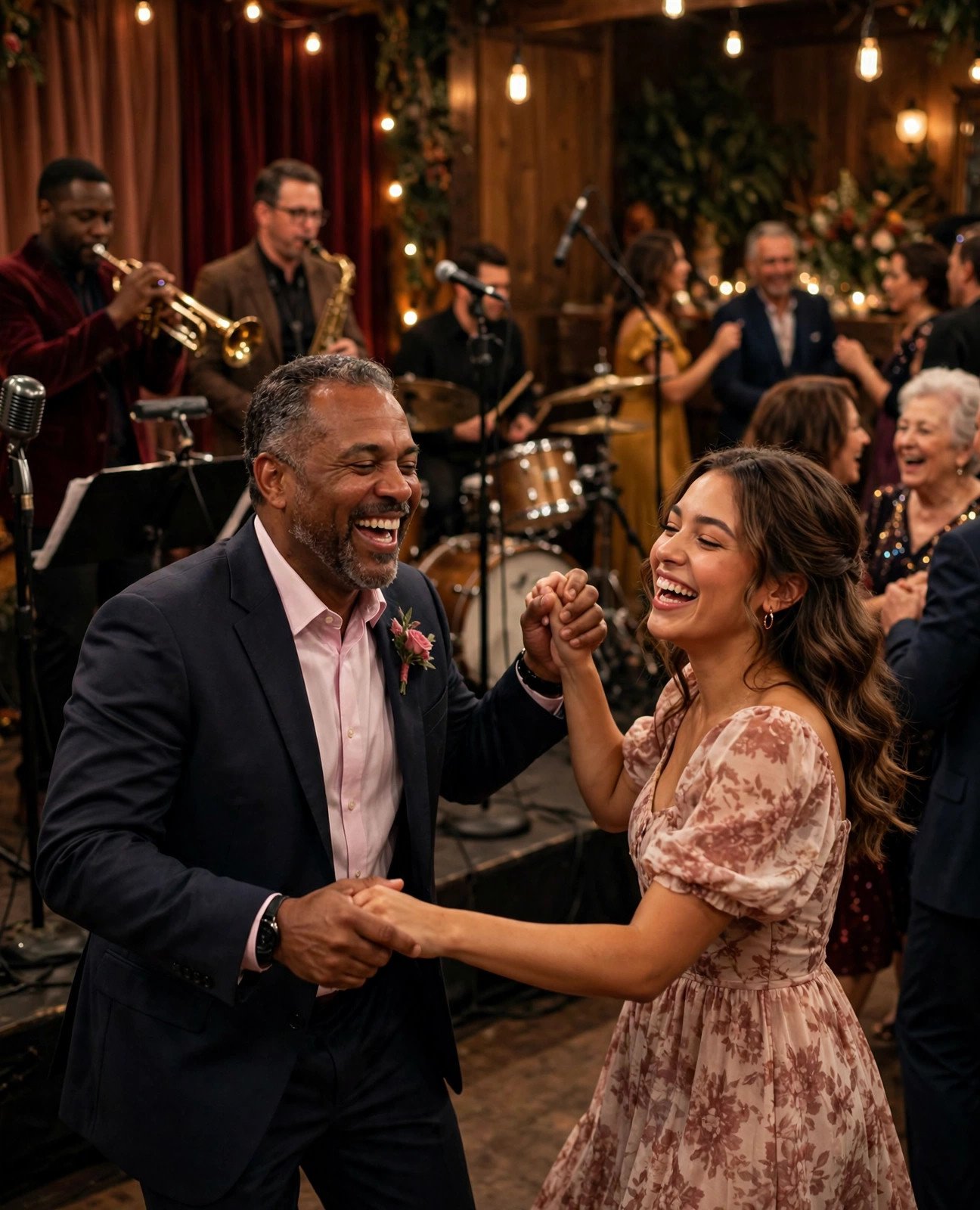 Father and daughter grooving together on a wedding dance floor with soul band instruments behind them