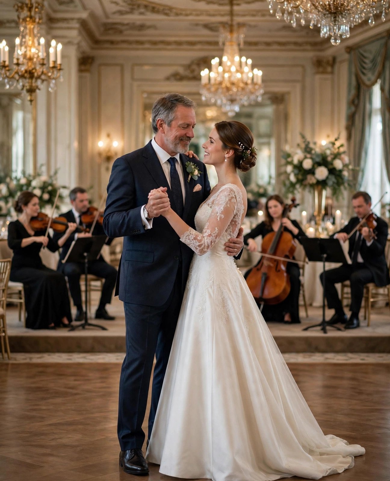 Father and daughter dancing while a string quartet plays at an elegant wedding reception