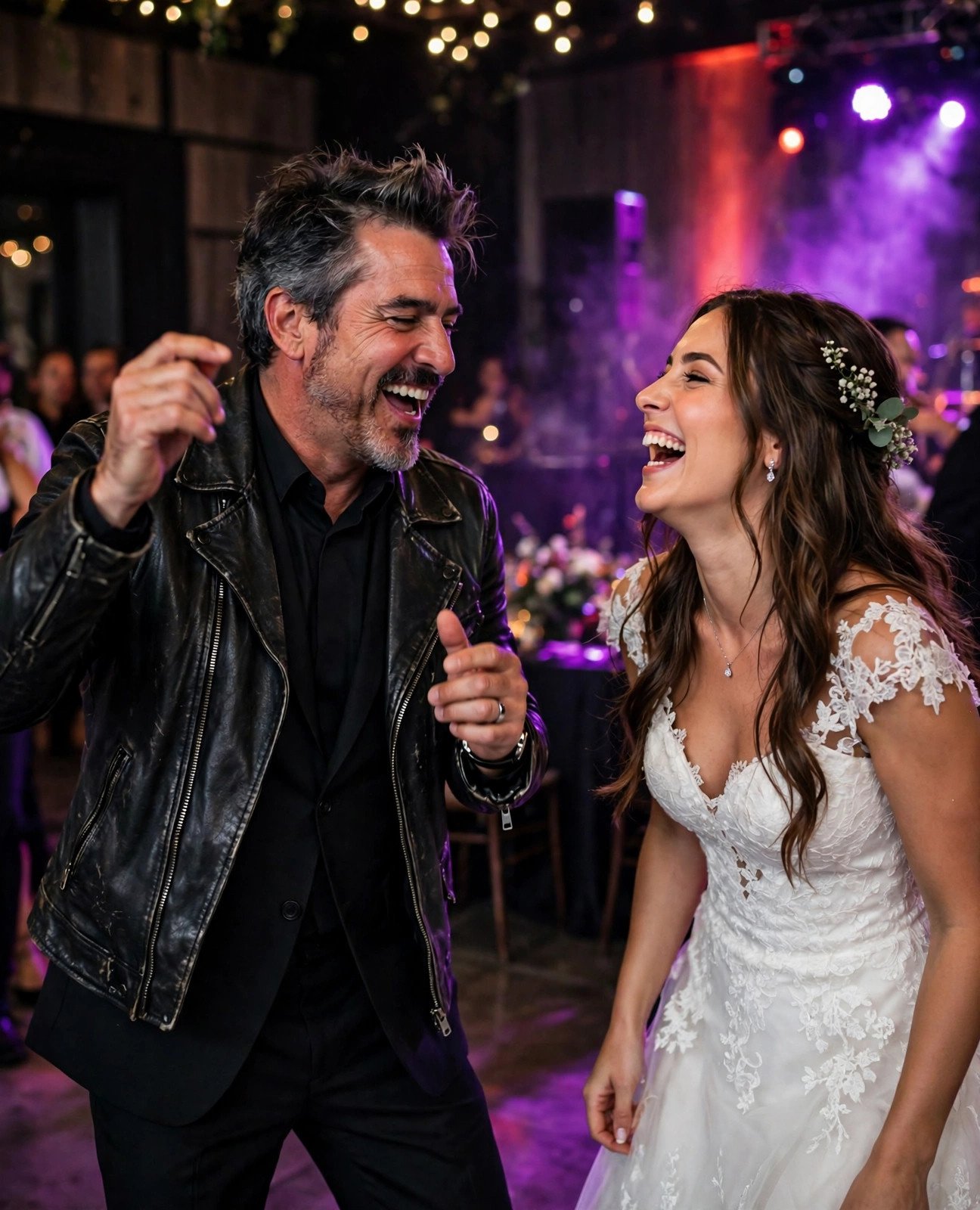 Father and daughter rocking out together on a wedding dance floor with electric guitar vibes