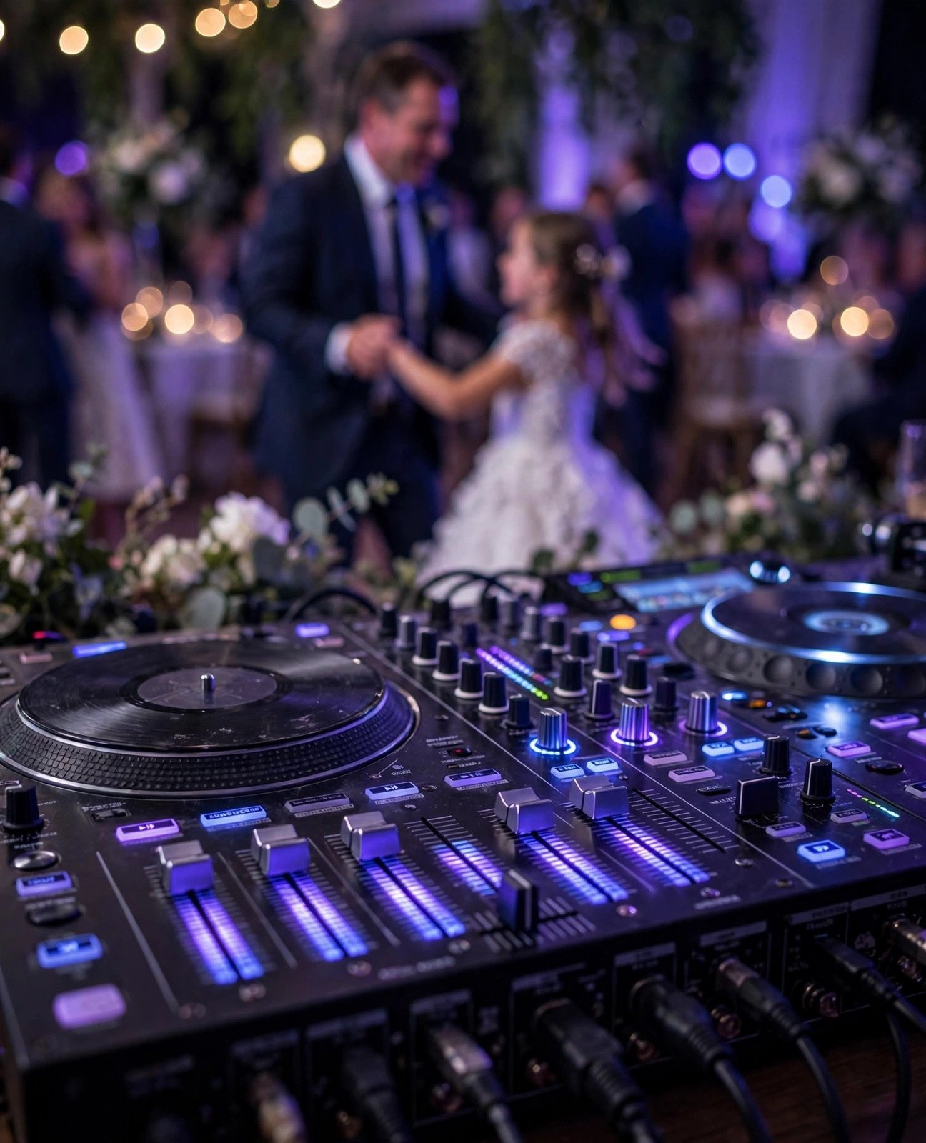 DJ mixing board with wedding dance floor in background during father-daughter dance