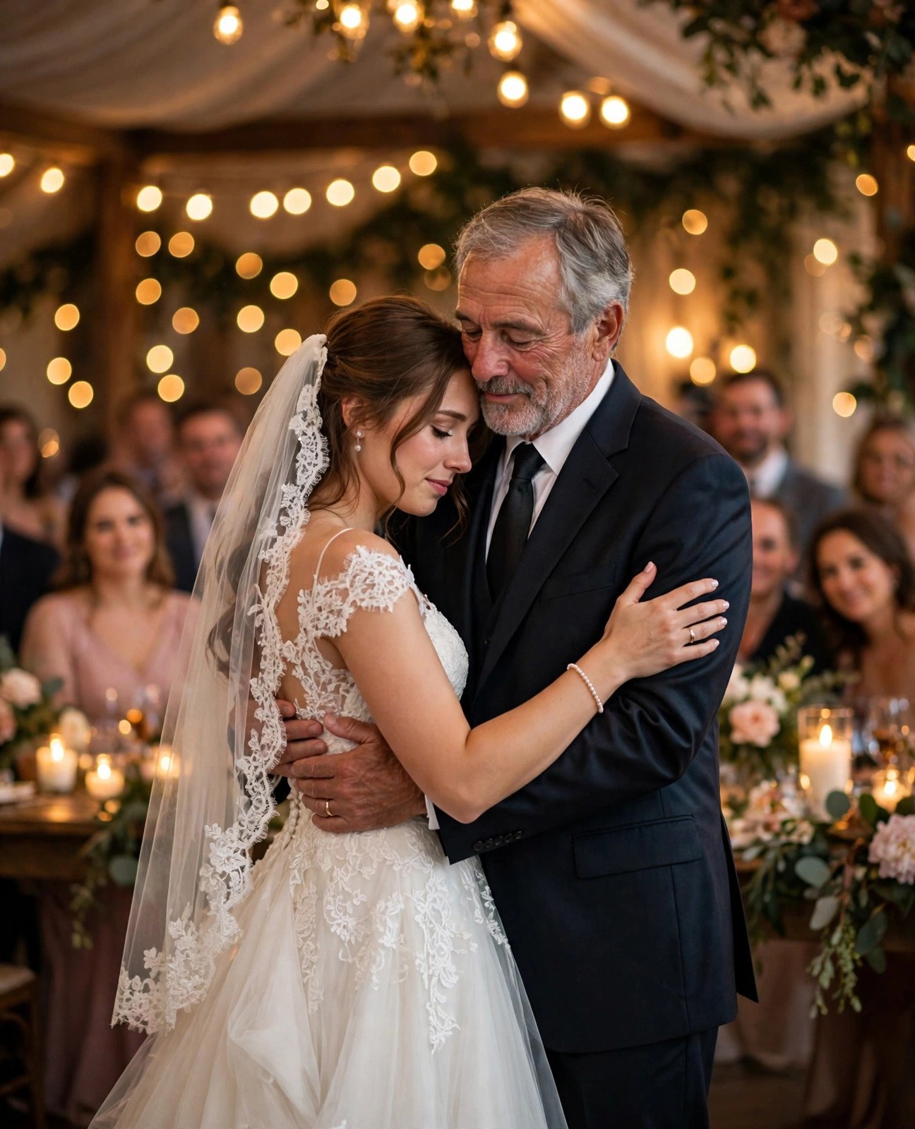 Bride sharing an emotional father-daughter first dance with her father at a wedding reception