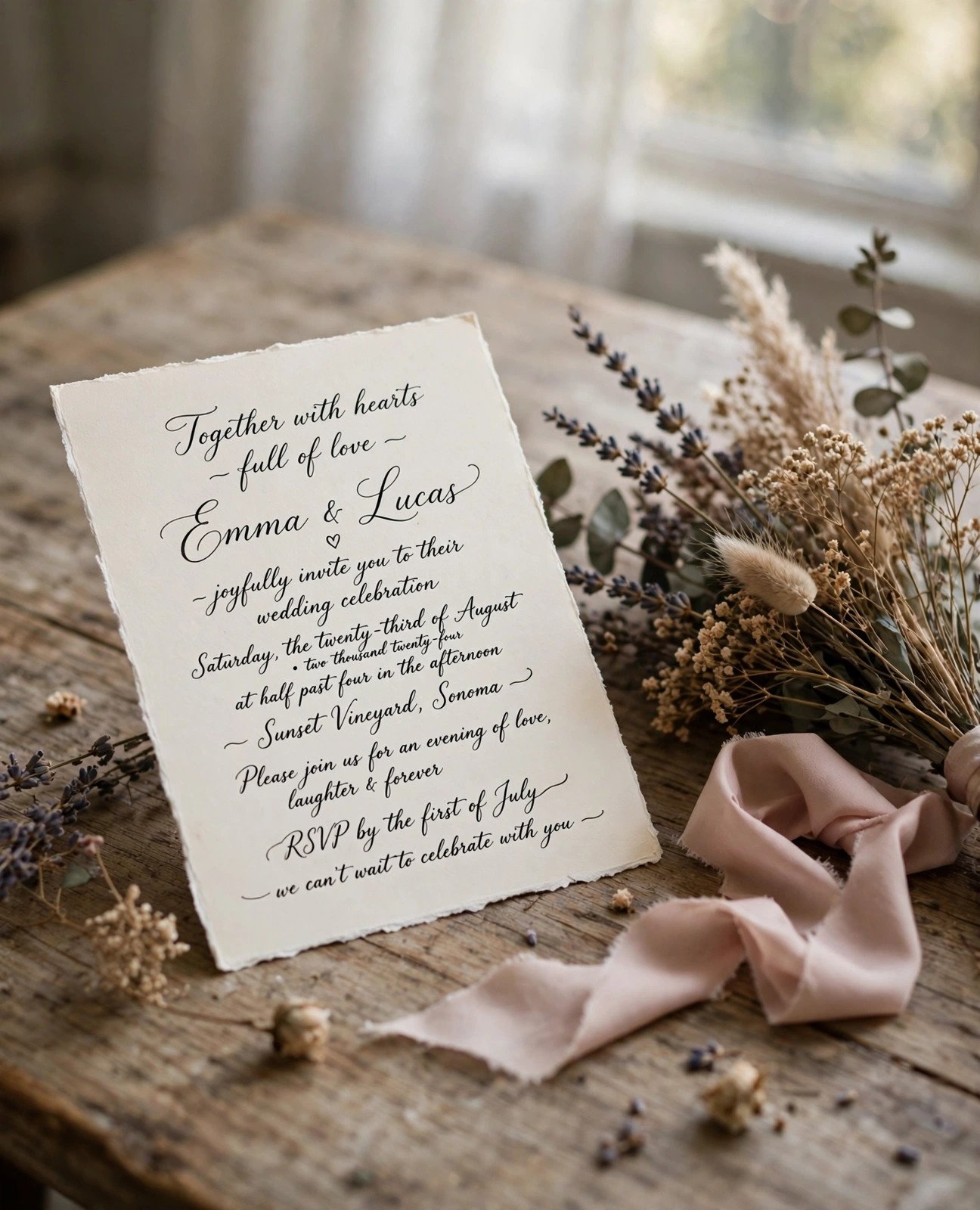 Elegant handwritten wedding card beside dried flowers and a silk ribbon