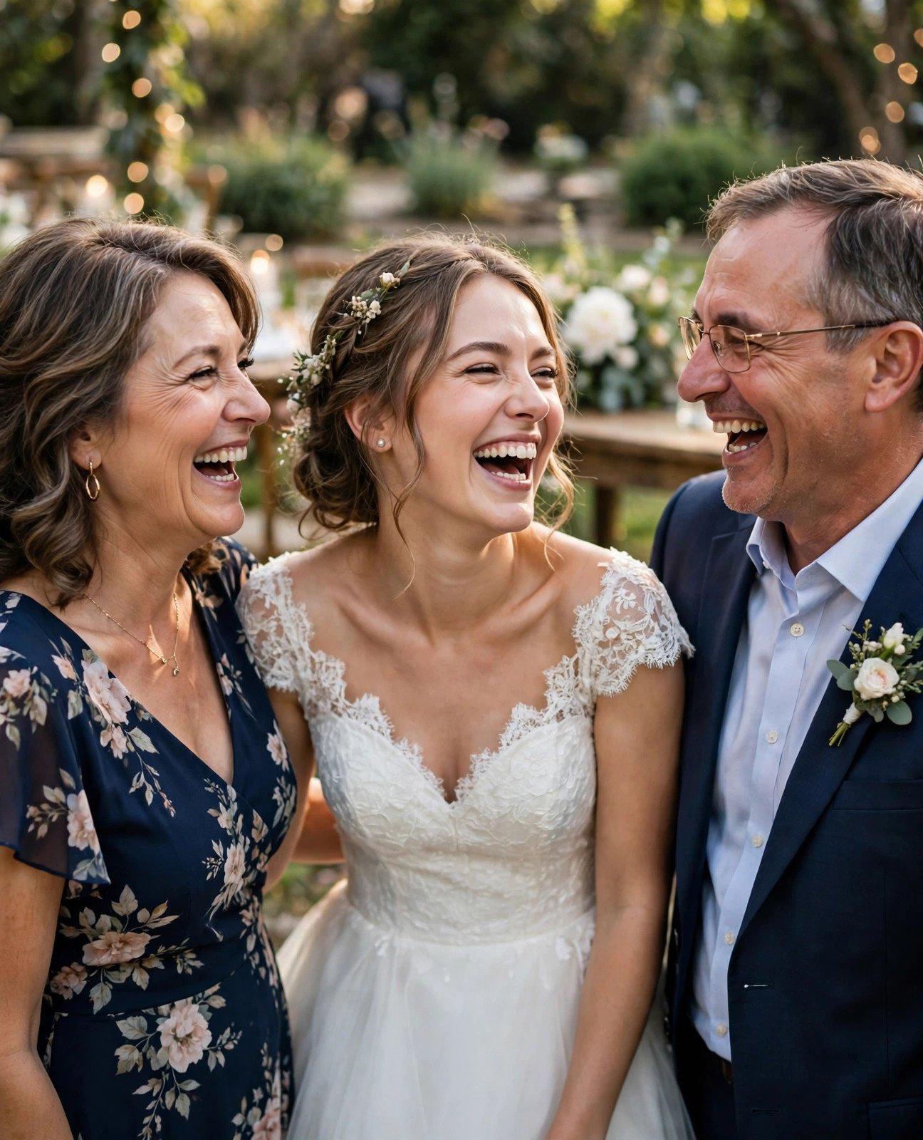 Bride laughing joyfully with her parents in a candid wedding moment
