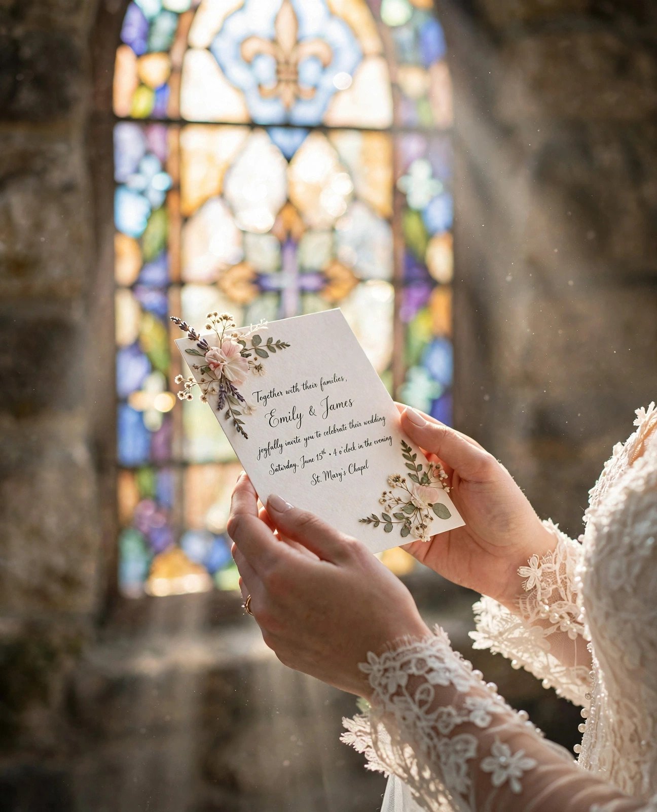 Bride's hands holding a wedding card near a glowing chapel window