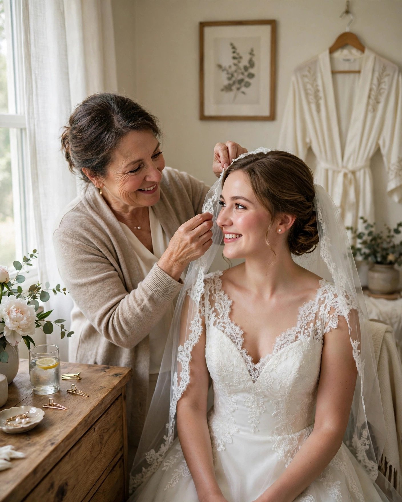 Mother tenderly adjusting her daughter the bride's veil before the ceremony
