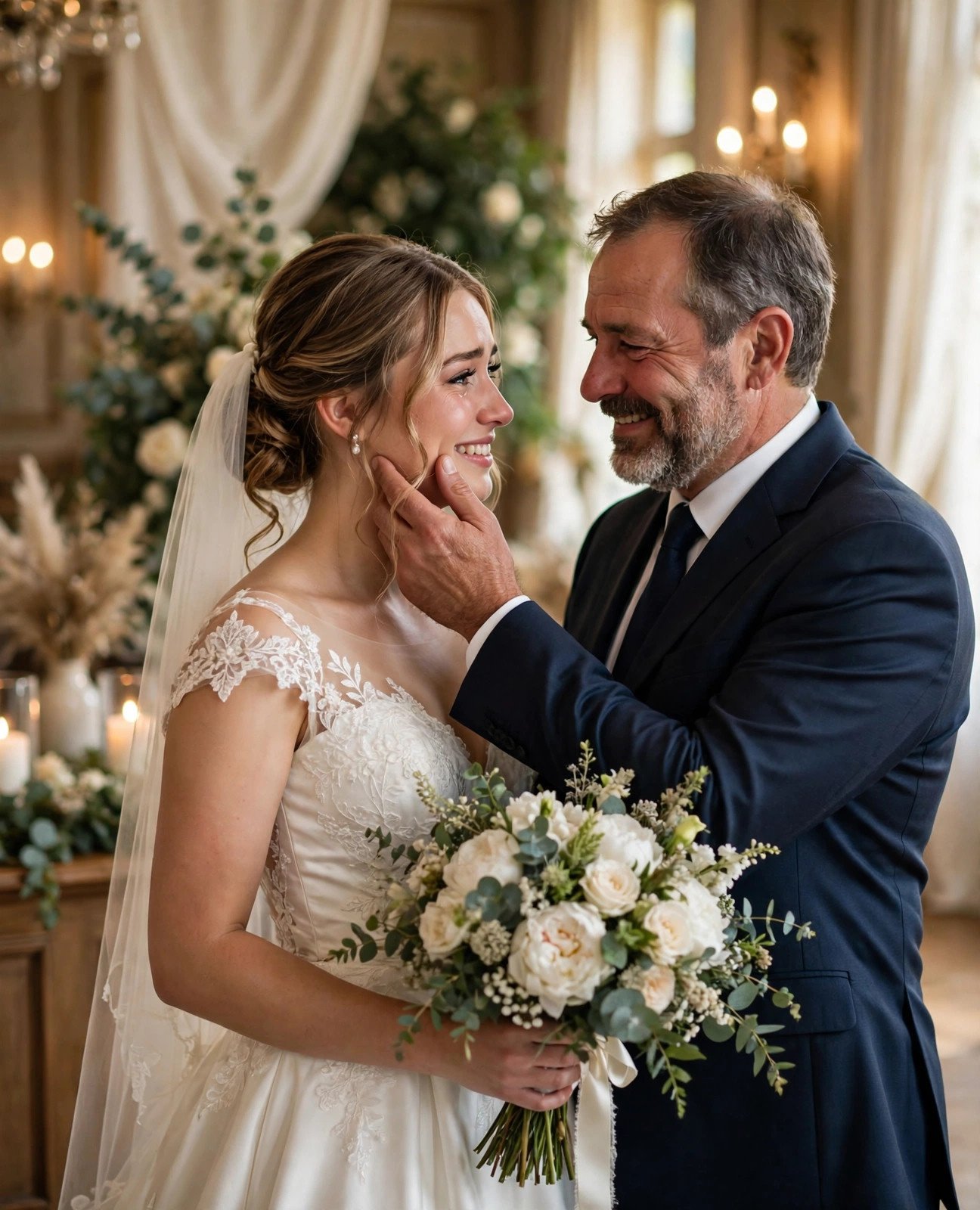 Father sharing an emotional first look with his daughter the bride