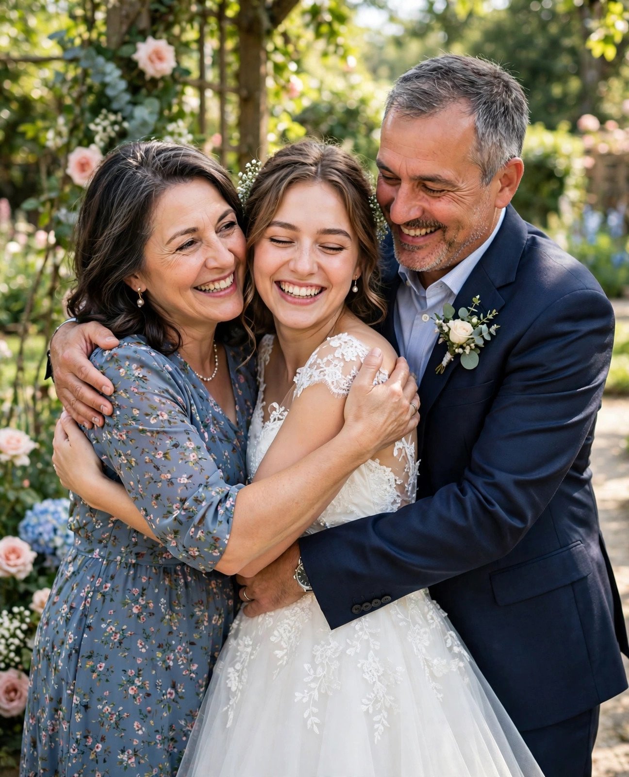 Both parents embracing their daughter the bride together on the wedding day