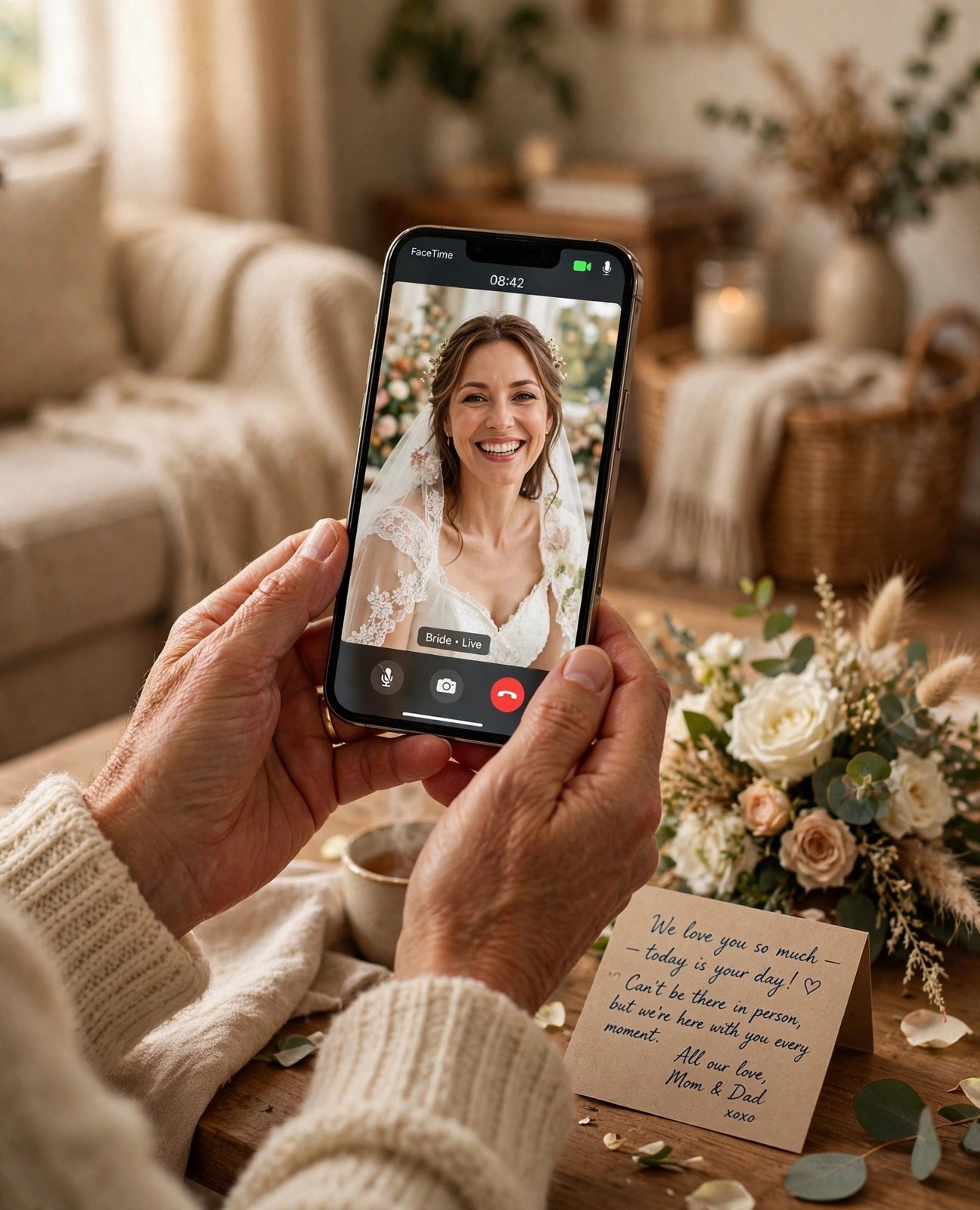 Parent holding a phone showing a video call with the bride, wedding flowers nearby