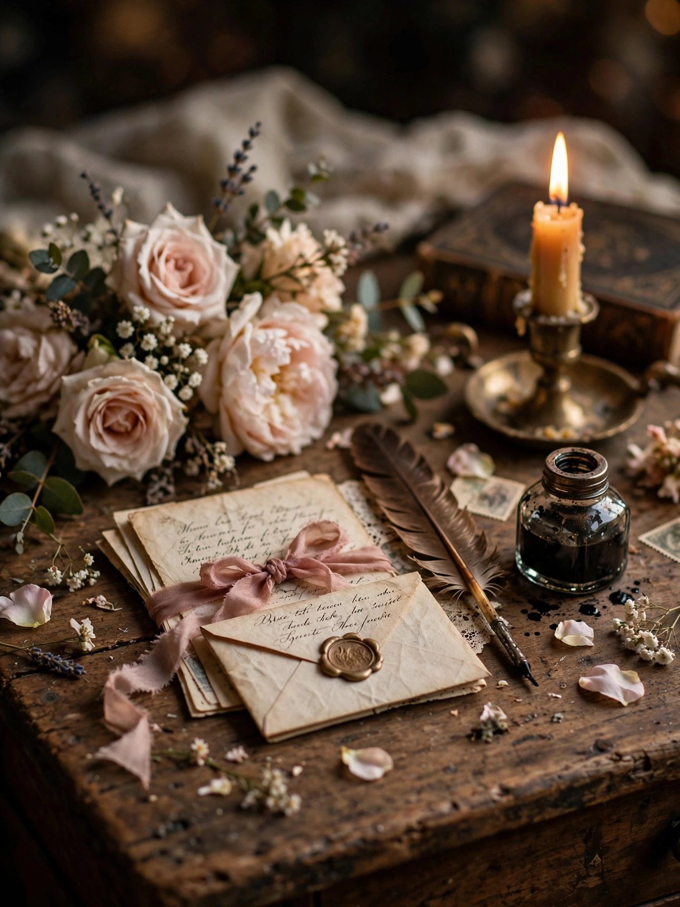Vintage love letters, a quill and wedding flowers on an antique desk