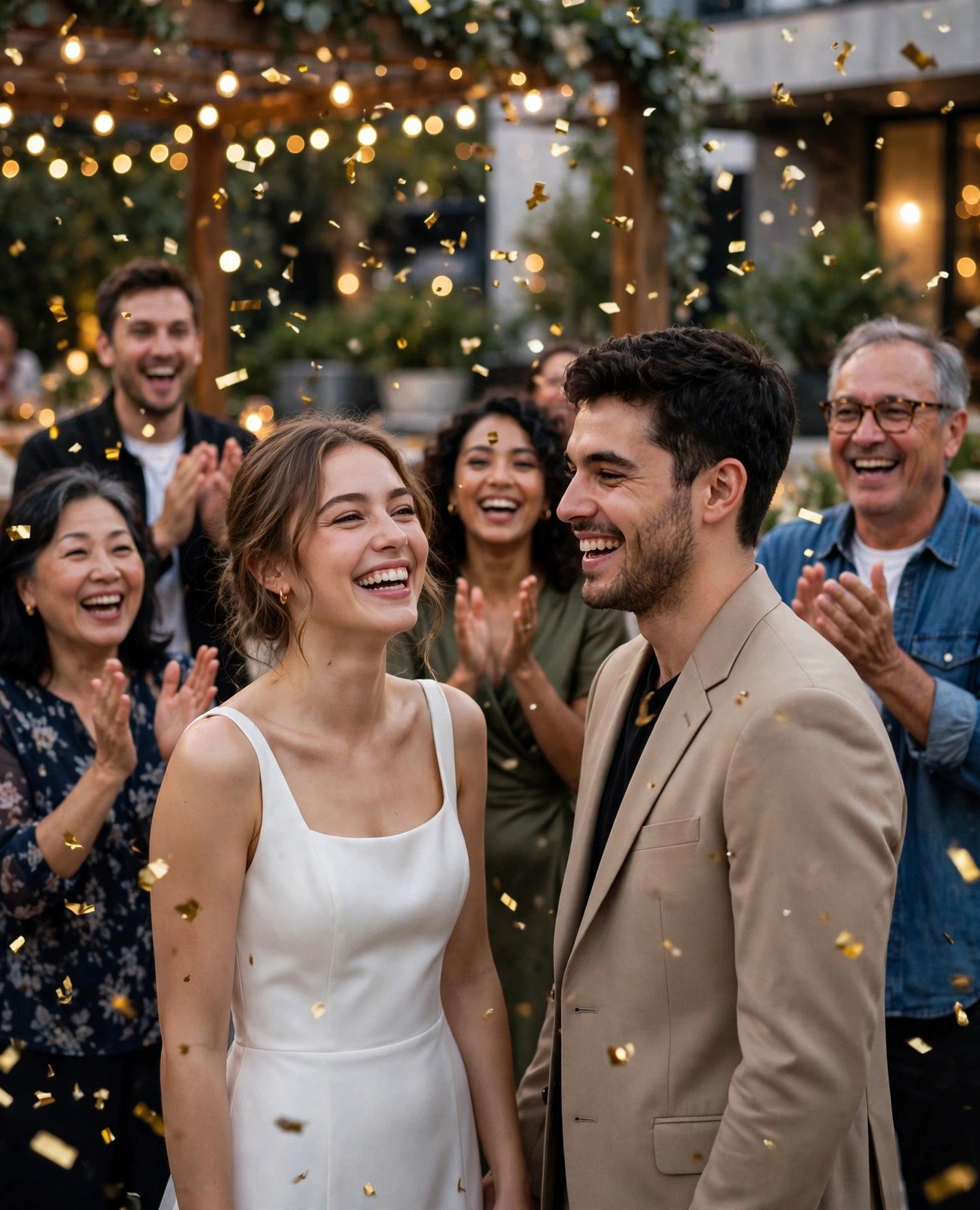 Joyful family celebration with confetti at a modern wedding party