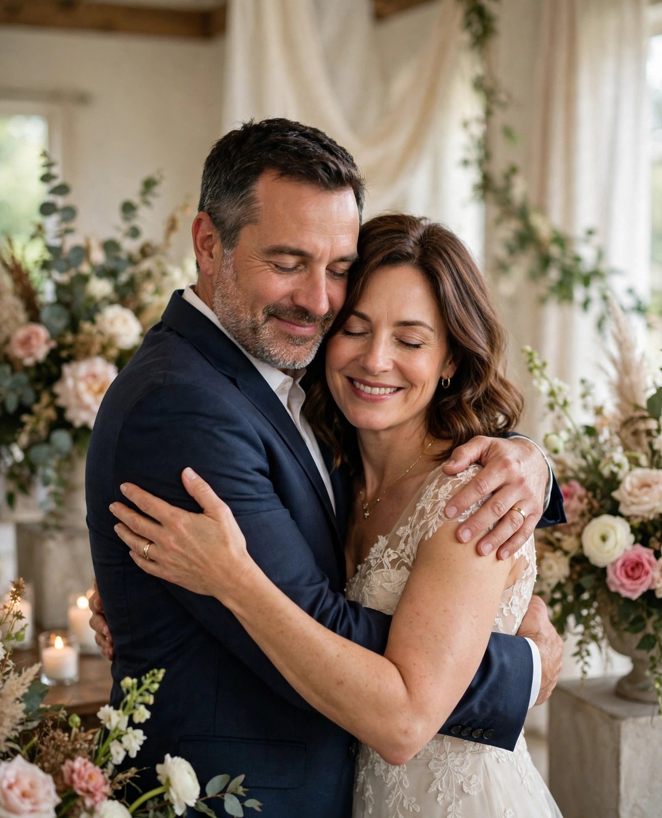 Mature couple embracing tenderly at an intimate wedding ceremony