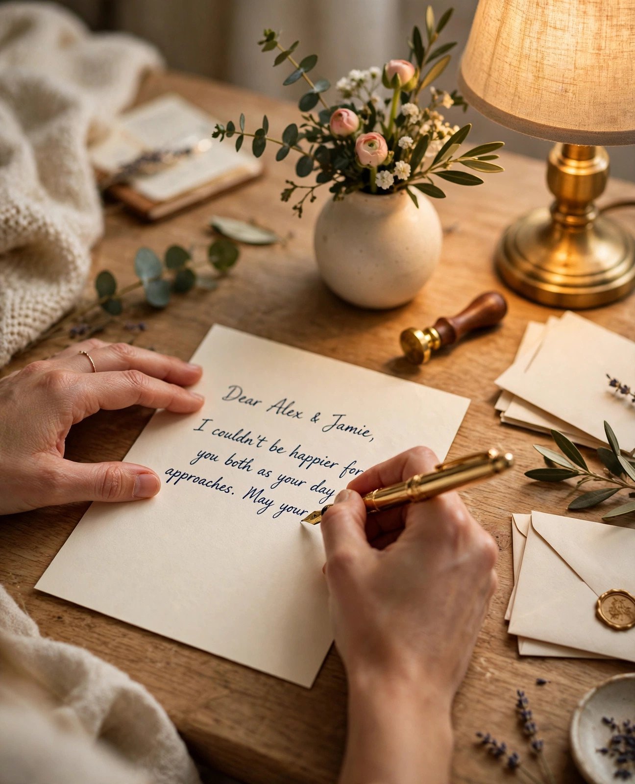 Hands writing a wedding card with a fountain pen at an elegant desk