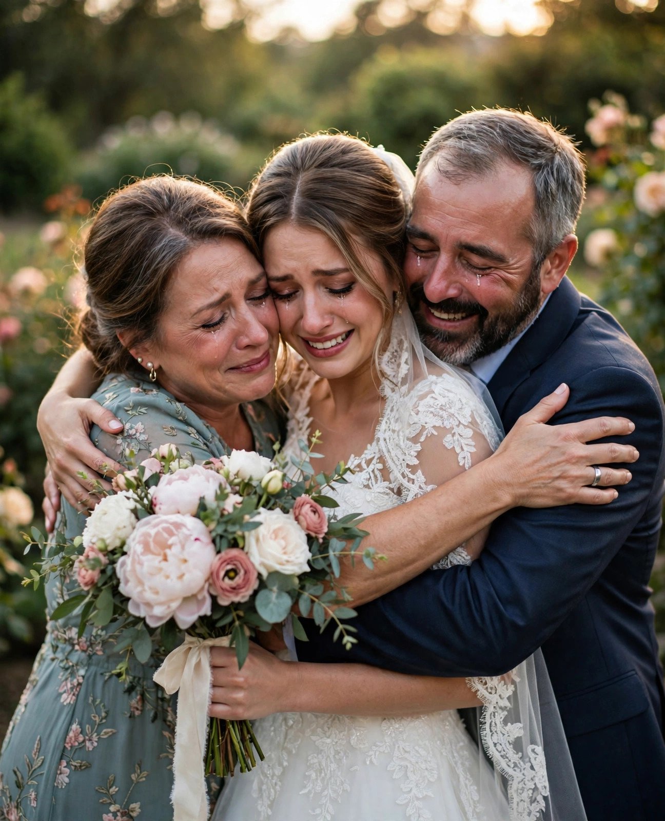 Emotional mother and father embracing their daughter the bride on her wedding day