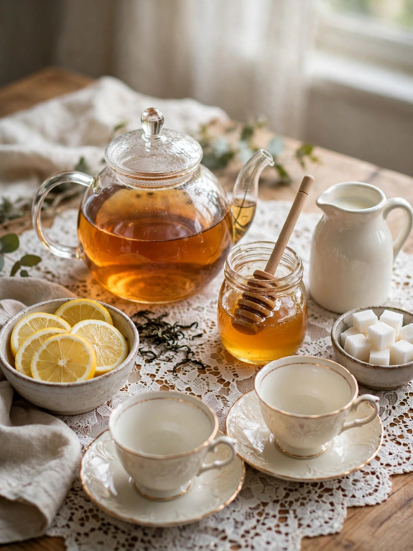 Classic Earl Grey tea bar with glass teapot, lemon slices, honey dipper and vintage teacups