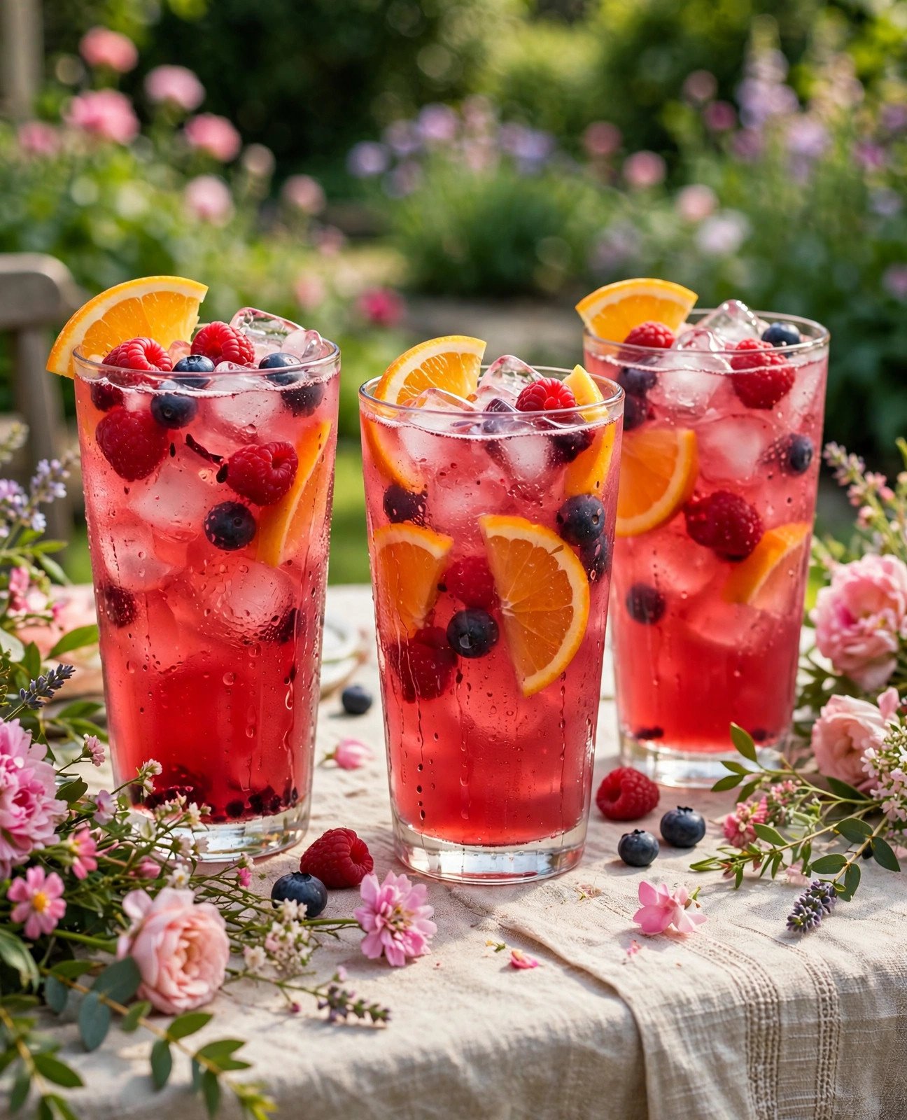 Jewel-pink iced hibiscus coolers in tall glasses with orange slices and berries